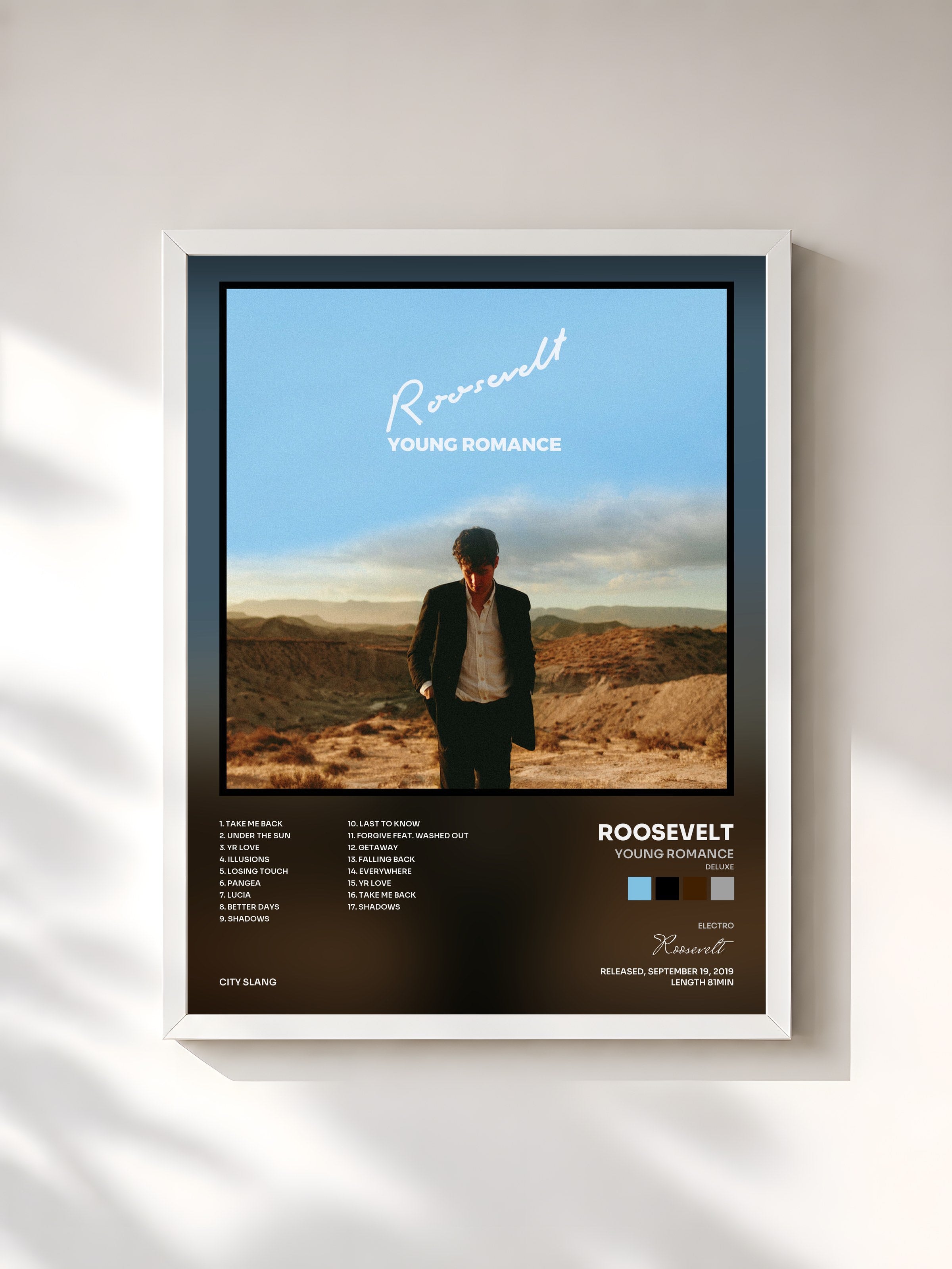 #blanc Tableau de l'album Young Romance (Deluxe) de Roosevelt, cadre blanc, imprimé et encadré en France