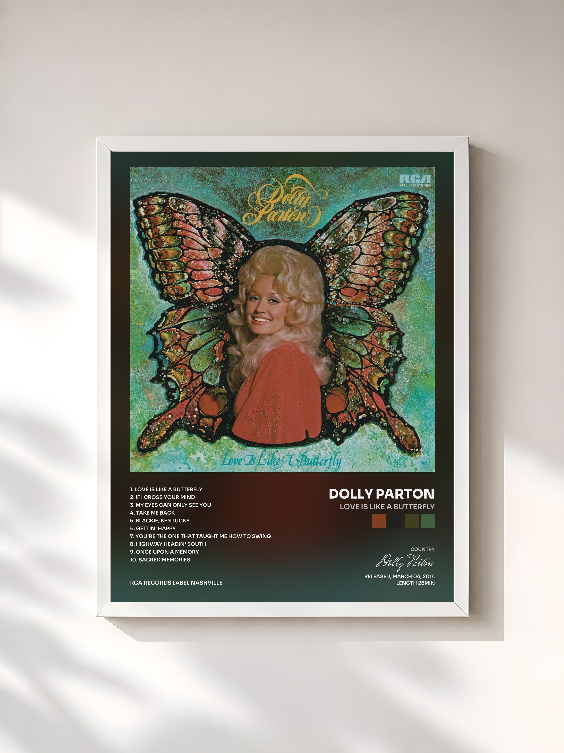 #blanc Tableau de l'album Love Is Like a Butterfly de Dolly Parton, cadre blanc, imprimé et encadré en France