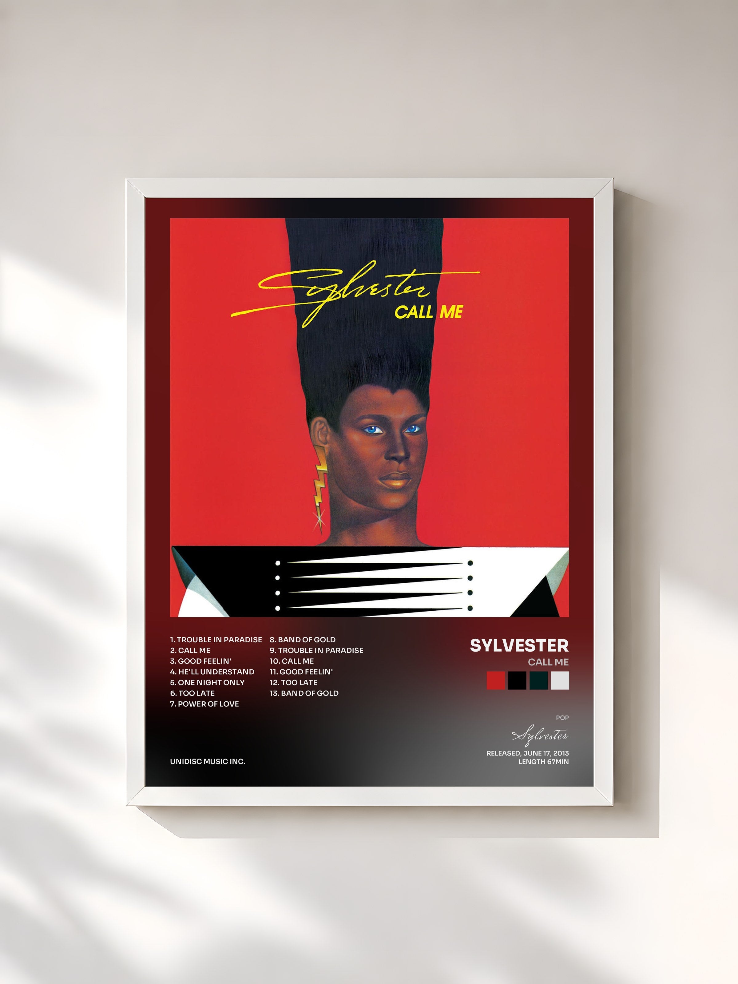 #blanc Tableau de l'album Call Me de Sylvester, cadre blanc, imprimé et encadré en France