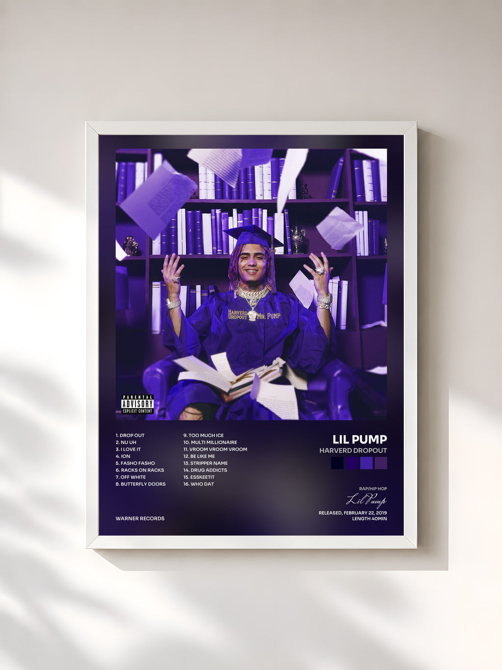 #blanc Tableau de l'album Harverd Dropout de Lil Pump, cadre blanc, imprimé et encadré en France
