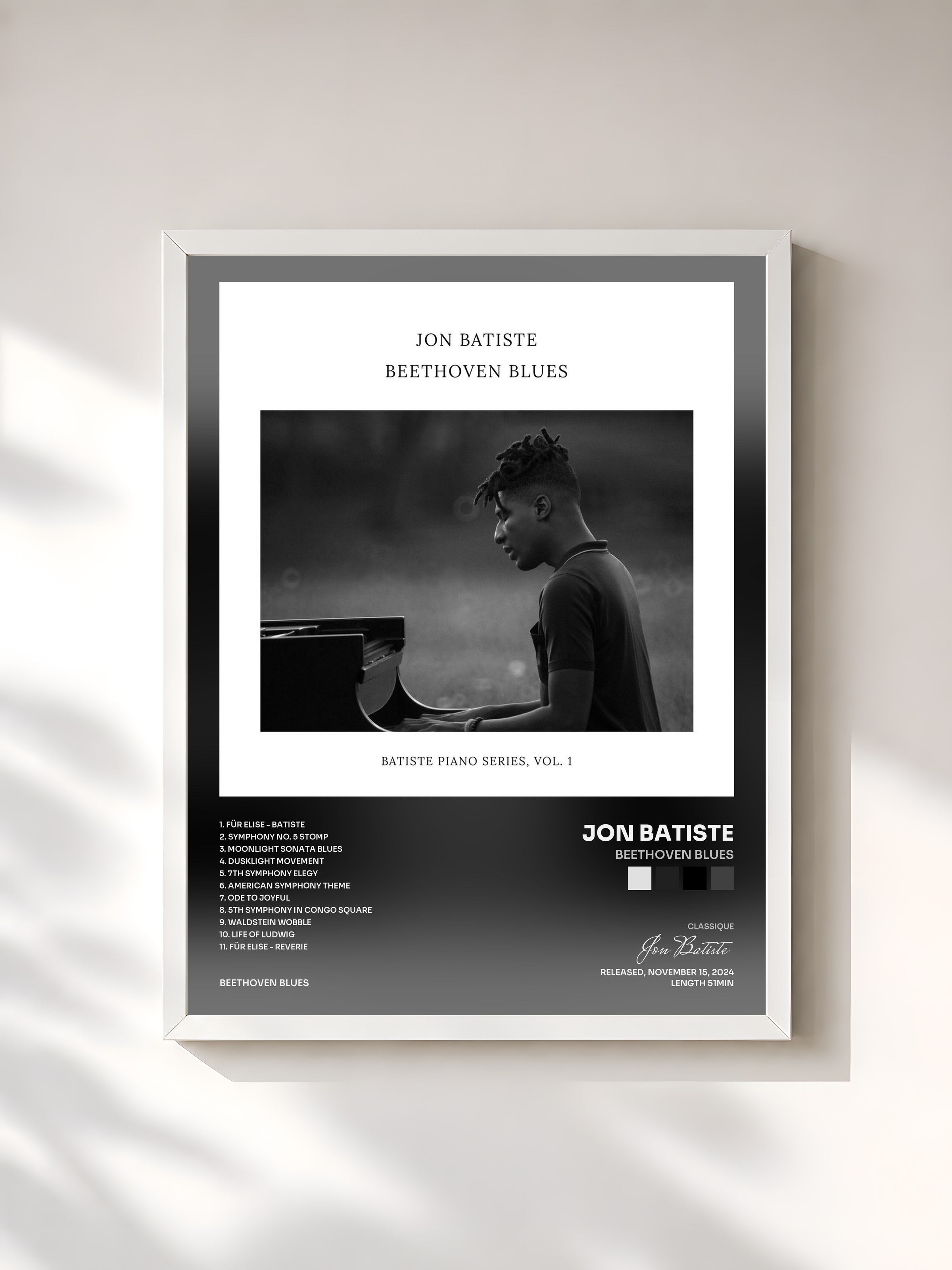 #blanc Tableau de l'album Beethoven Blues de Jon Batiste, cadre blanc, imprimé et encadré en France