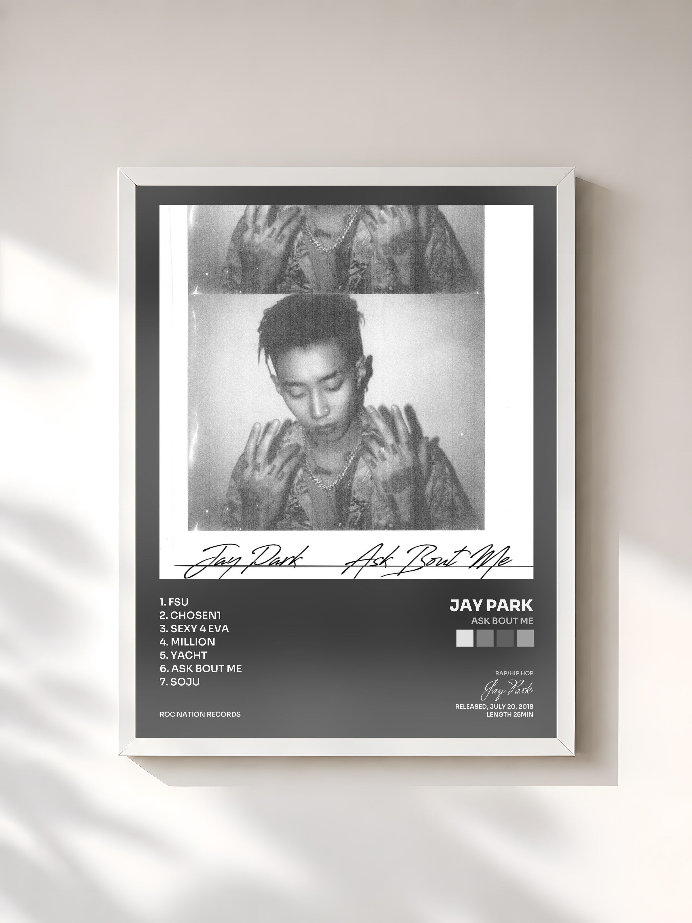 #blanc Tableau de l'album Ask Bout Me de Jay Park, cadre blanc, imprimé et encadré en France