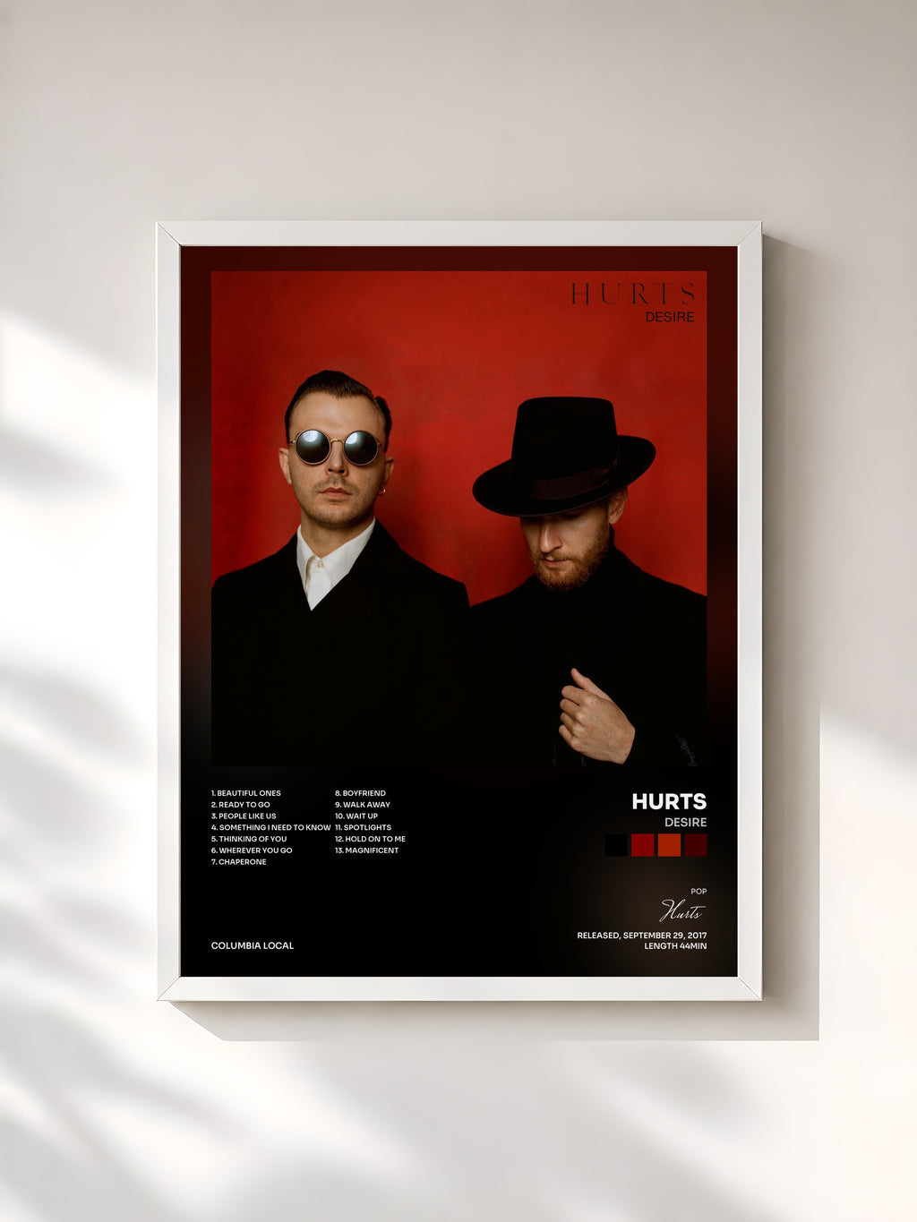 #blanc Tableau de l'album Desire de Hurts, cadre blanc, imprimé et encadré en France