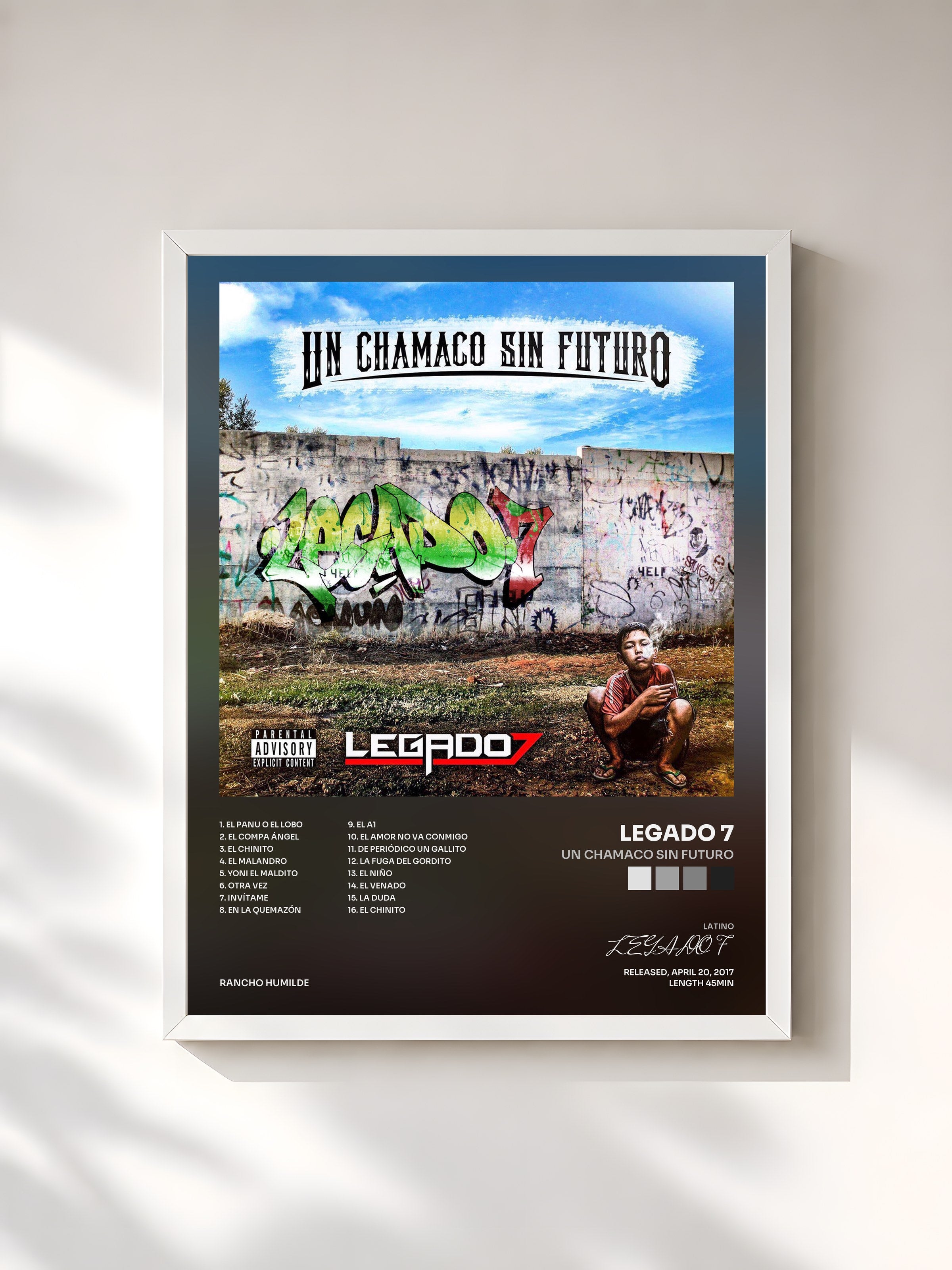 #blanc Tableau de l'album Un Chamaco Sin Futuro de LEGADO 7, cadre blanc, imprimé et encadré en France
