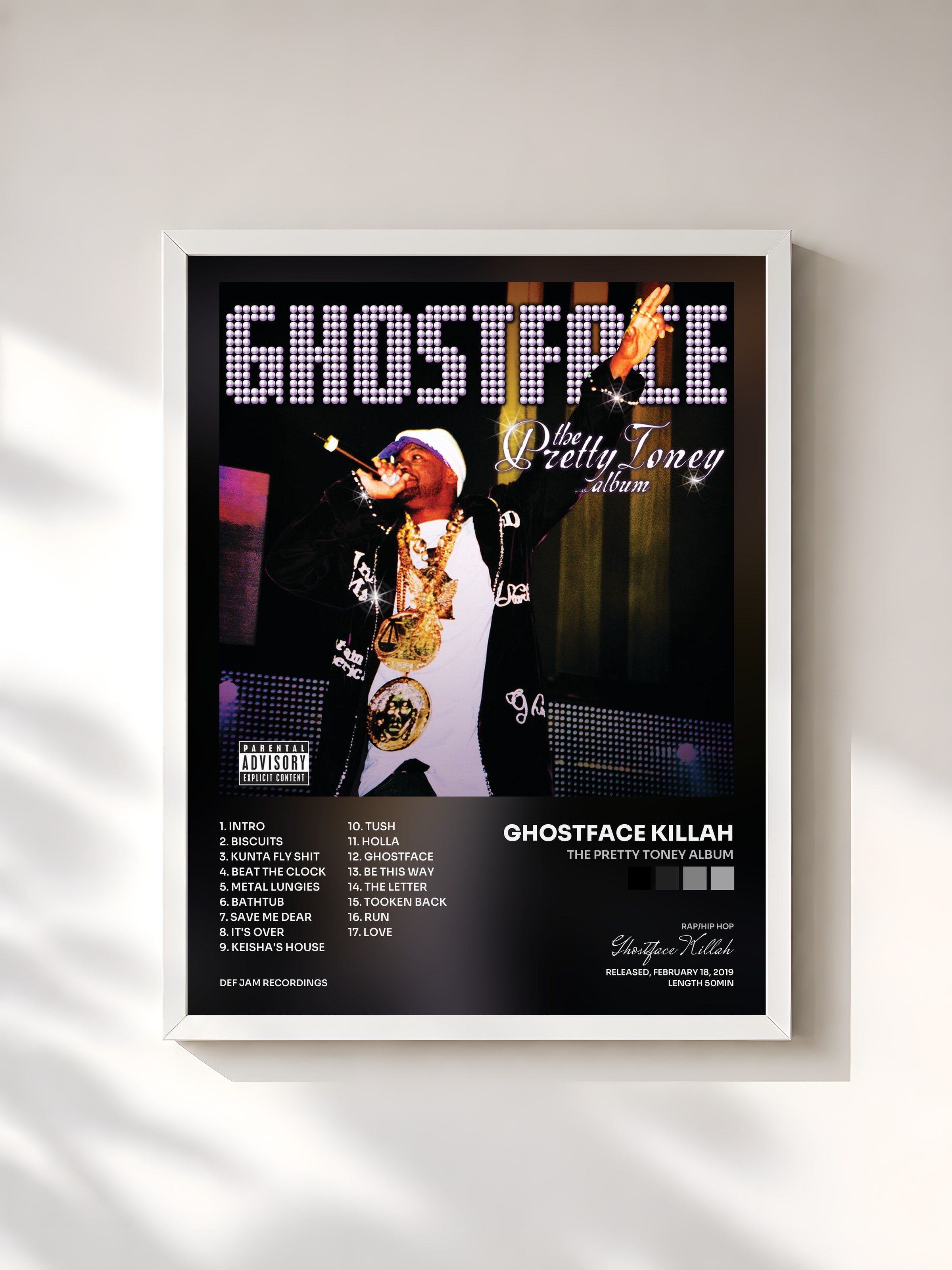 #blanc Tableau de l'album The Pretty Toney Album de Ghostface Killah, cadre blanc, imprimé et encadré en France