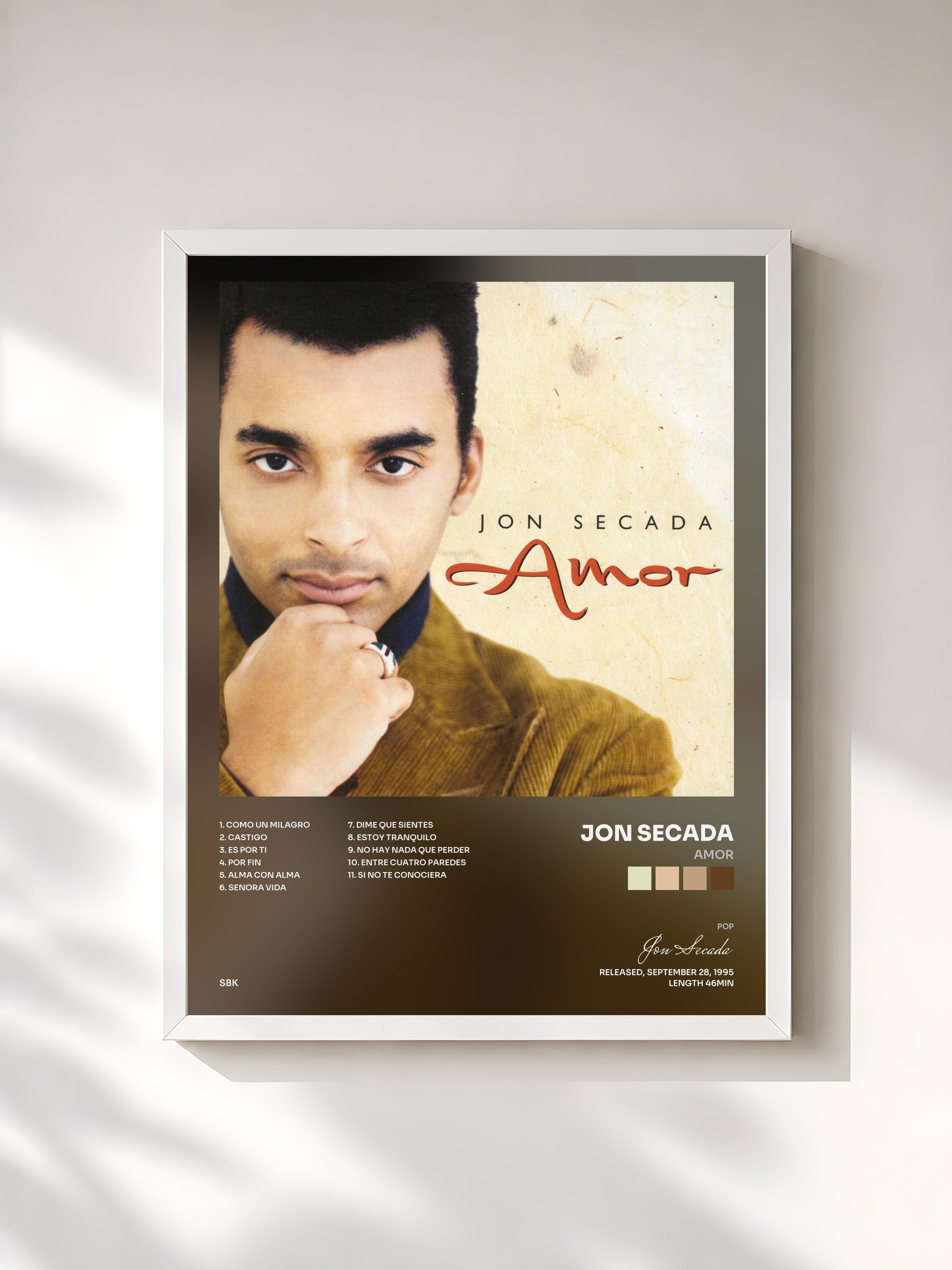 #blanc Tableau de l'album Amor de Jon Secada, cadre blanc, imprimé et encadré en France