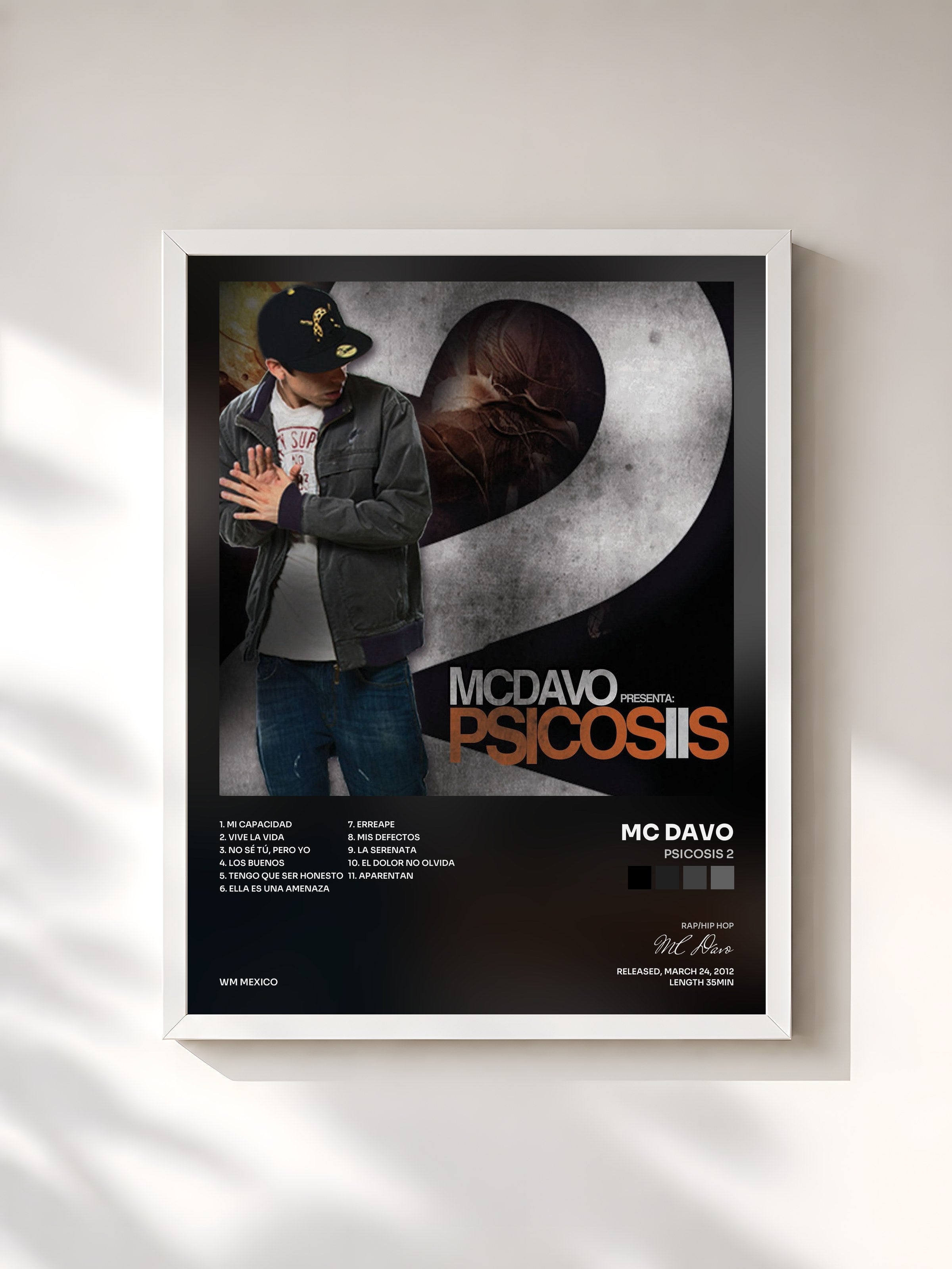 #blanc Tableau de l'album Psicosis 2 de MC Davo, cadre blanc, imprimé et encadré en France