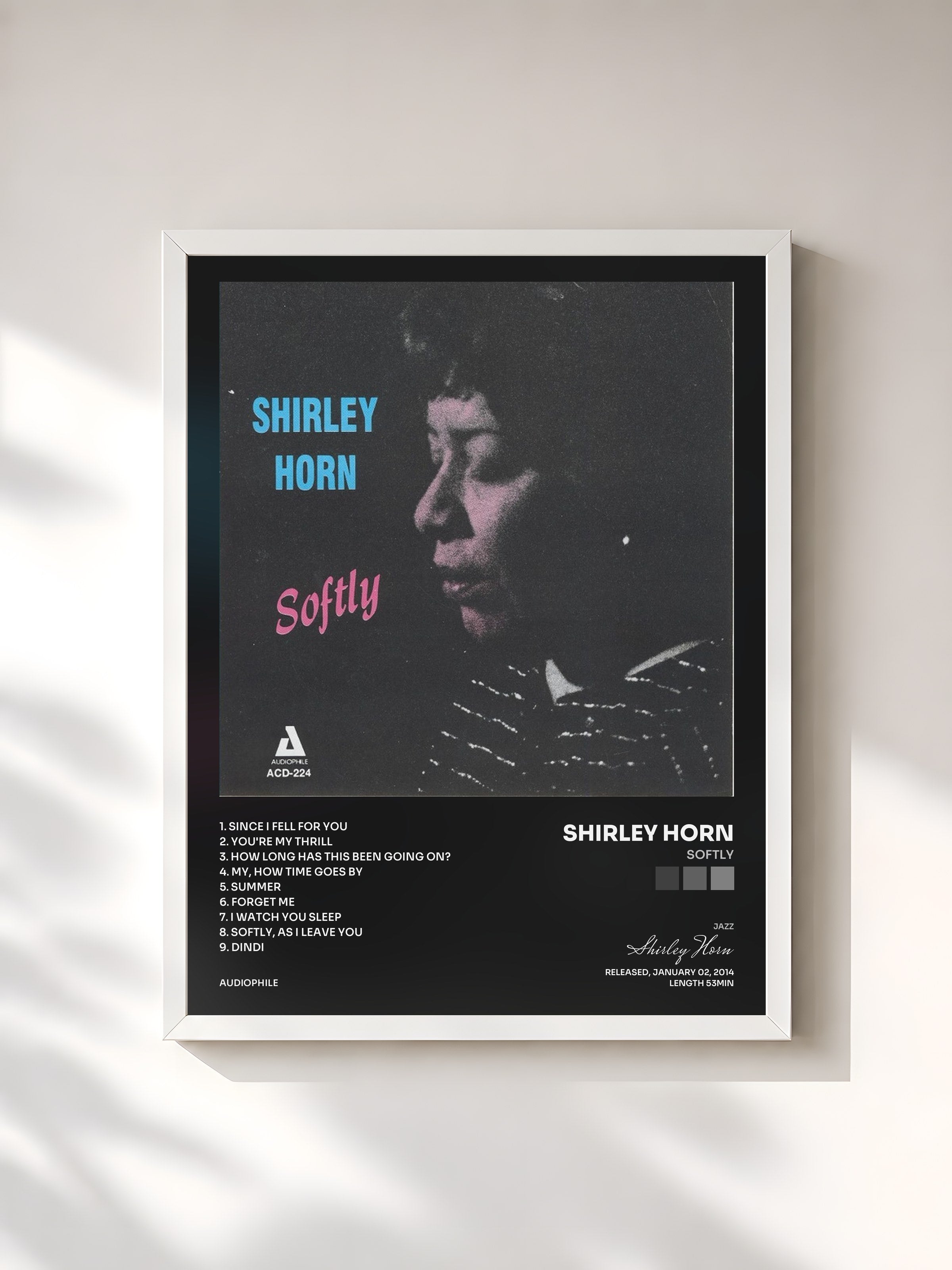 #blanc Tableau de l'album Softly de Shirley Horn, cadre blanc, imprimé et encadré en France
