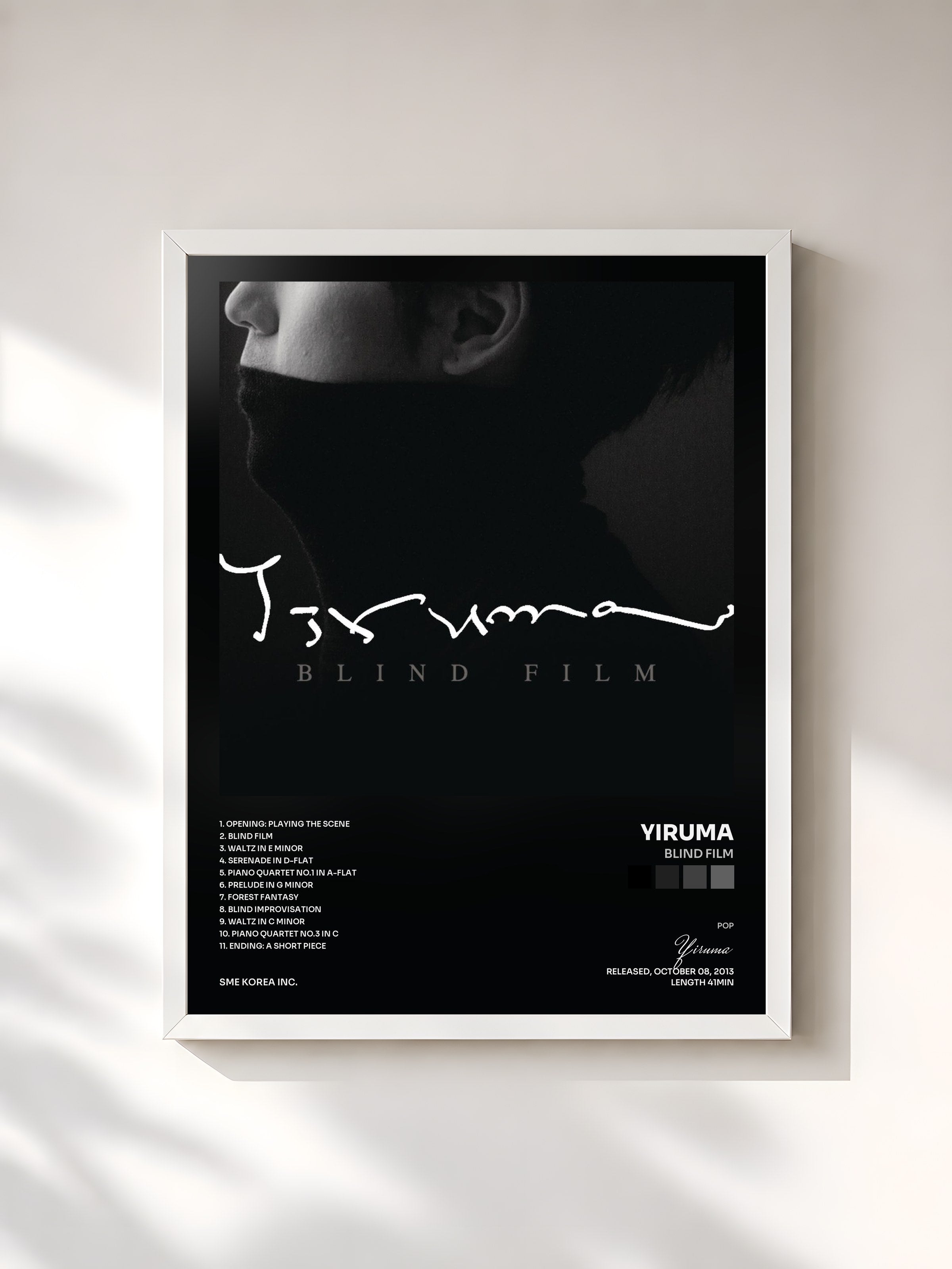 #blanc Tableau de l'album Blind Film de Yiruma, cadre blanc, imprimé et encadré en France