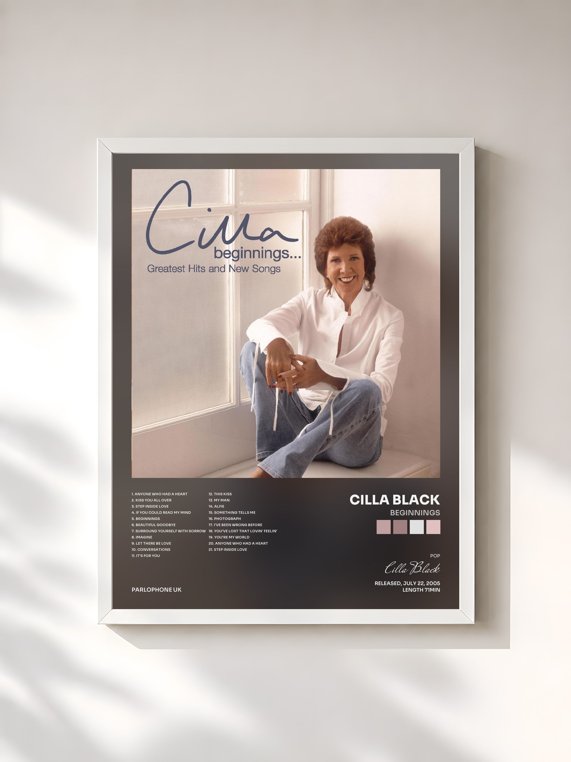 #blanc Tableau de l'album Beginnings de Cilla Black, cadre blanc, imprimé et encadré en France