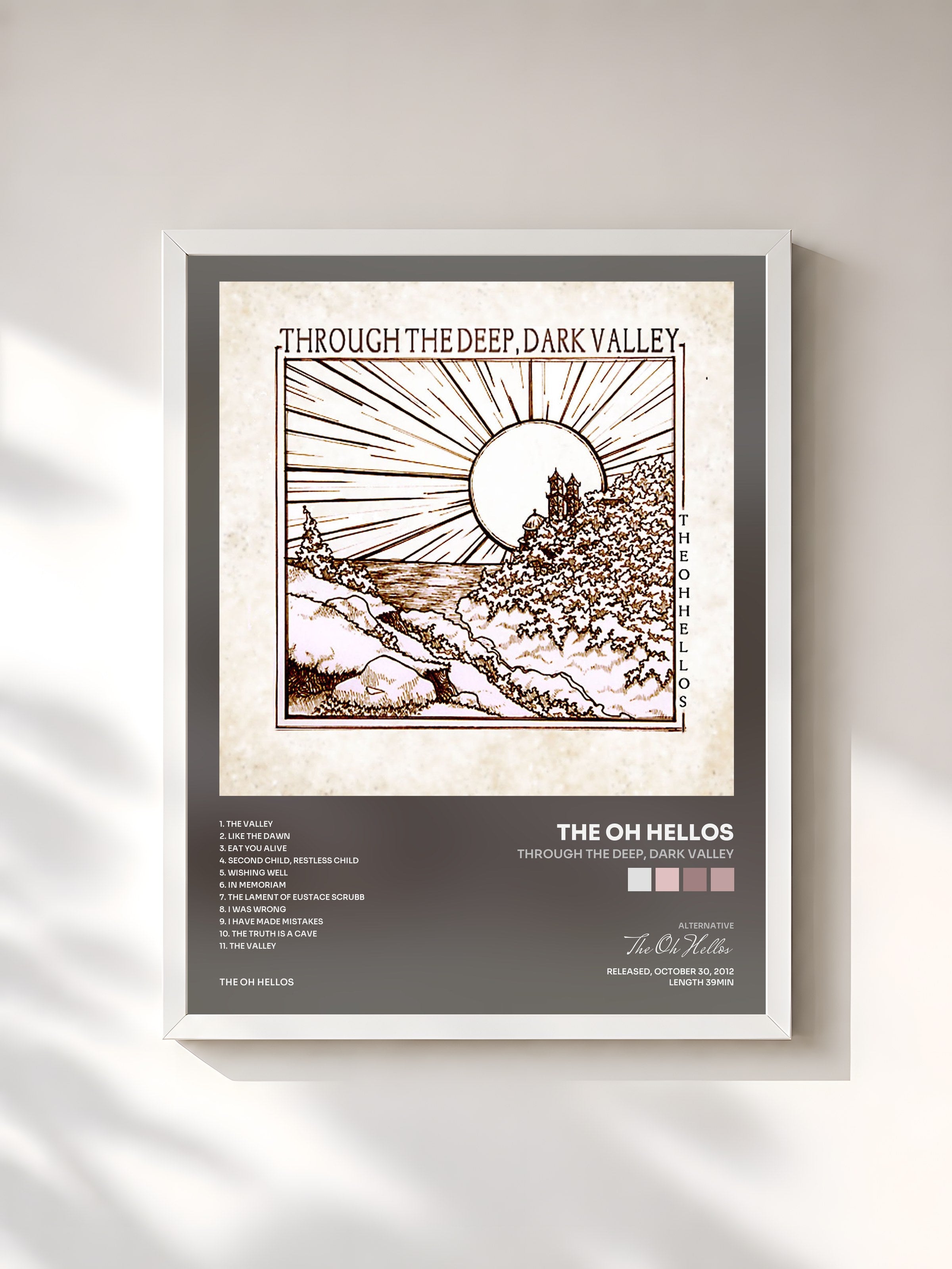 #blanc Tableau de l'album Through the Deep, Dark Valley de The Oh Hellos, cadre blanc, imprimé et encadré en France