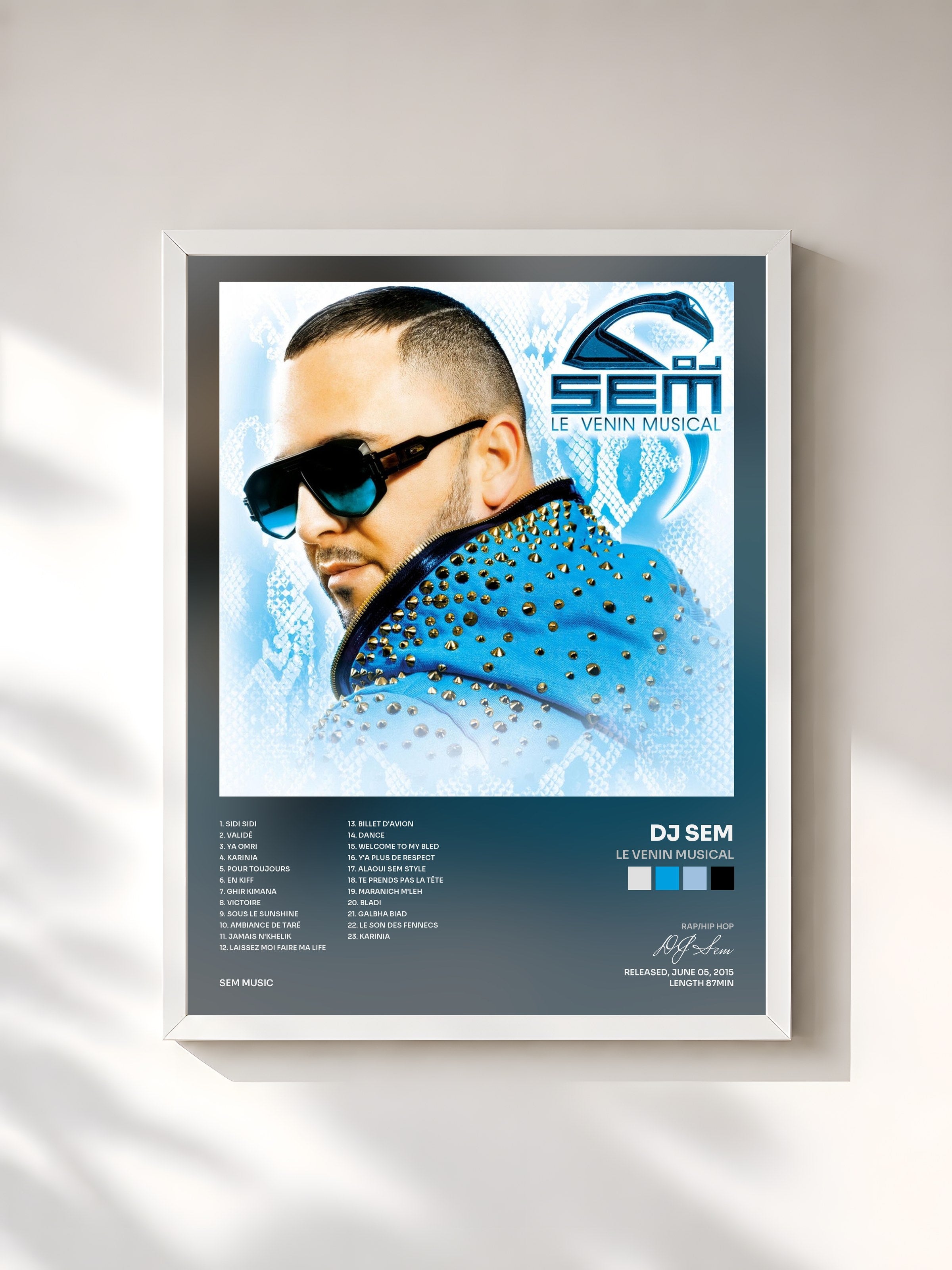 #blanc Tableau de l'album Le venin musical de DJ Sem, cadre blanc, imprimé et encadré en France