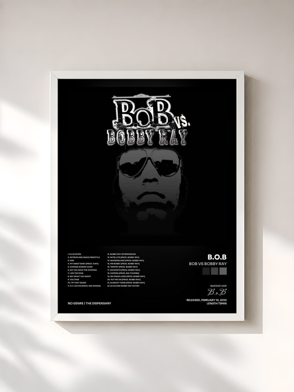 #blanc Tableau de l'album Bob vs Bobby Ray de B.o.B, cadre blanc, imprimé et encadré en France