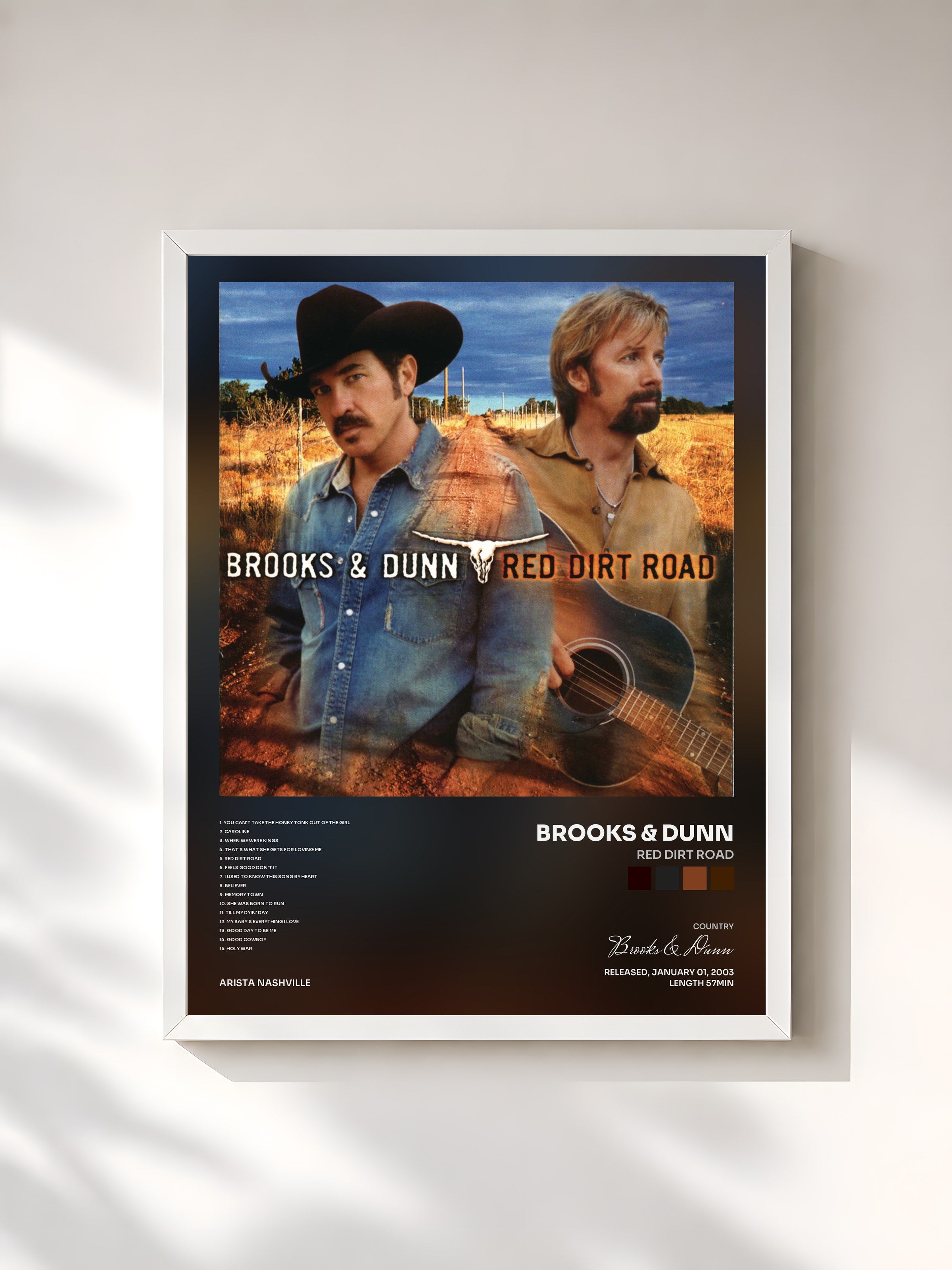 #blanc Tableau de l'album Red Dirt Road de Brooks & Dunn, cadre blanc, imprimé et encadré en France