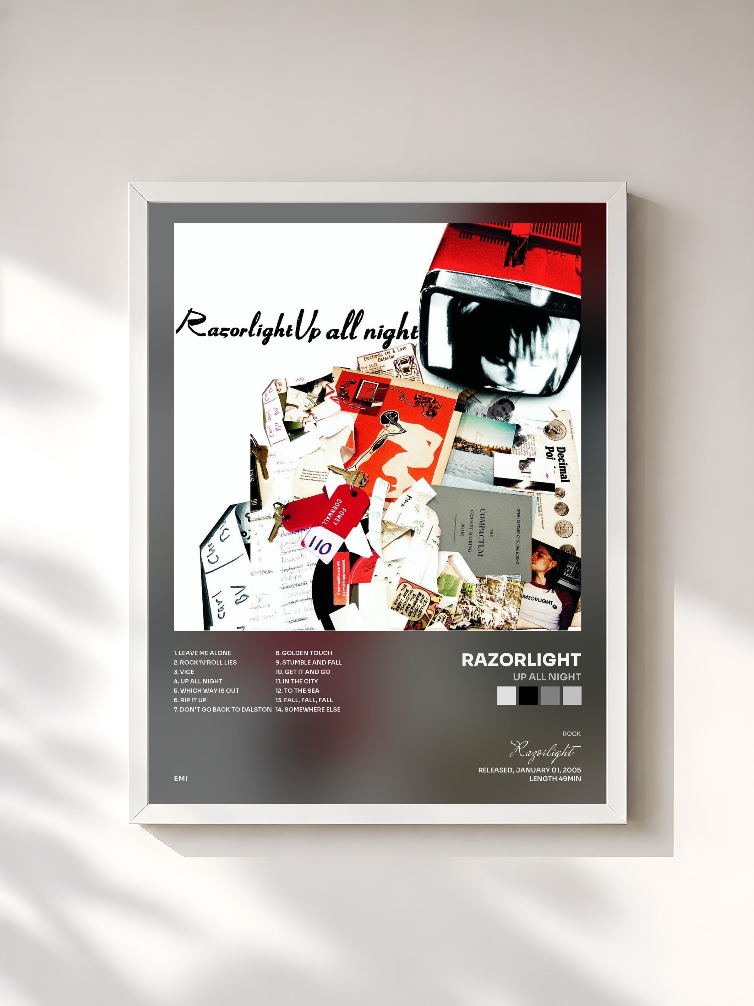 #blanc Tableau de l'album Up All Night de Razorlight, cadre blanc, imprimé et encadré en France