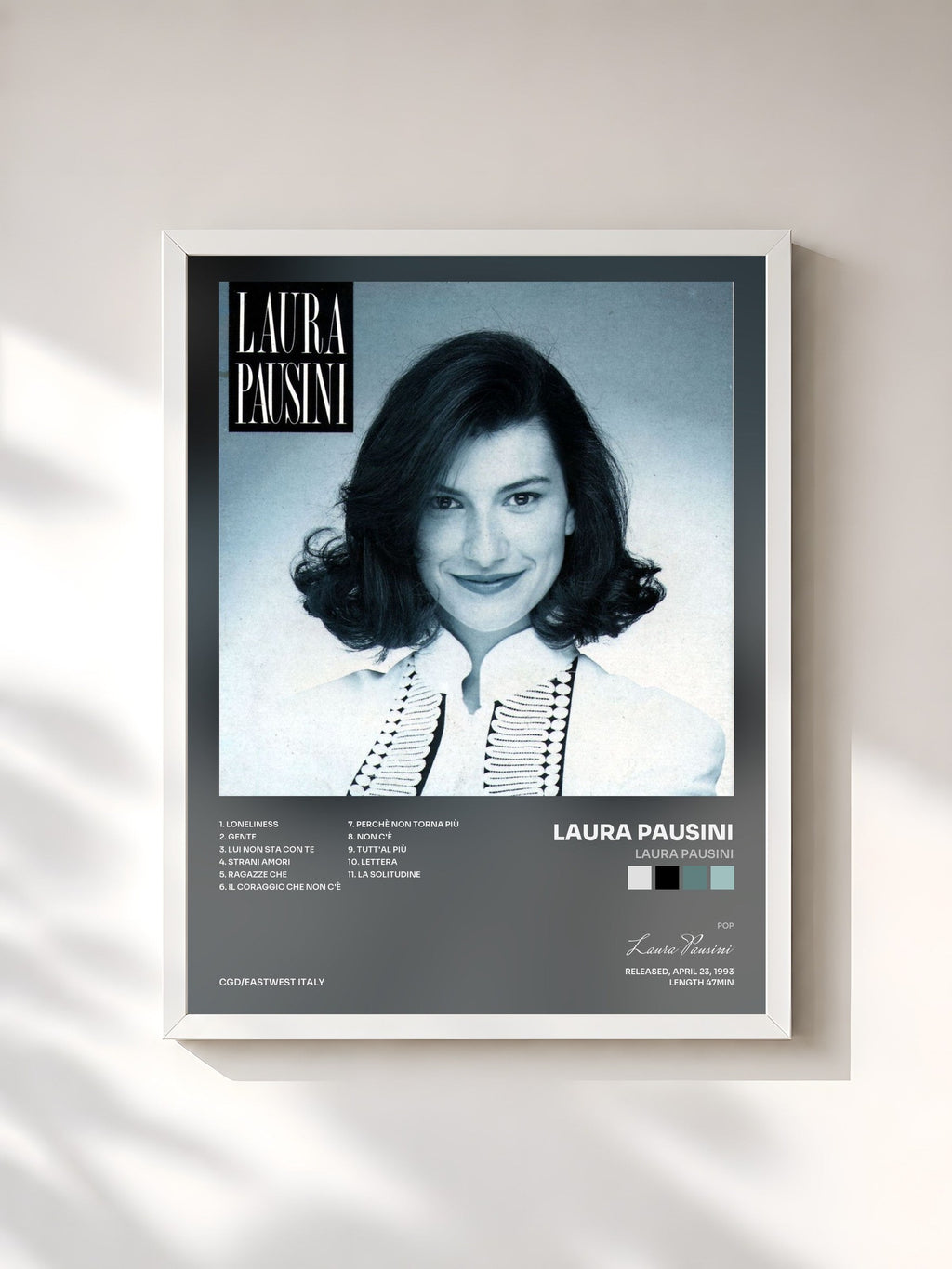 #blanc Tableau de l'album Laura Pausini de Laura Pausini, cadre blanc, imprimé et encadré en France