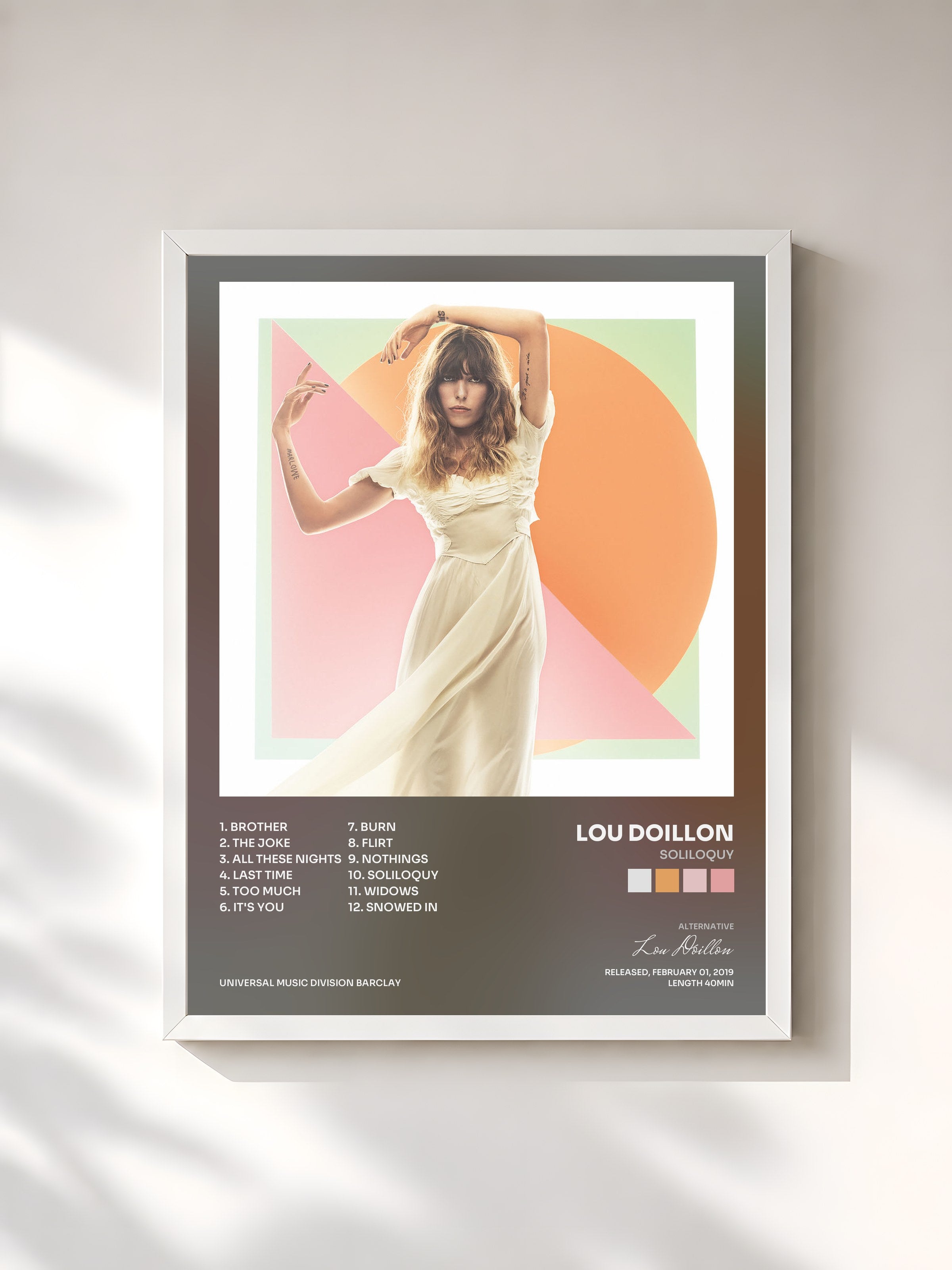 #blanc Tableau de l'album Soliloquy de Lou Doillon, cadre blanc, imprimé et encadré en France