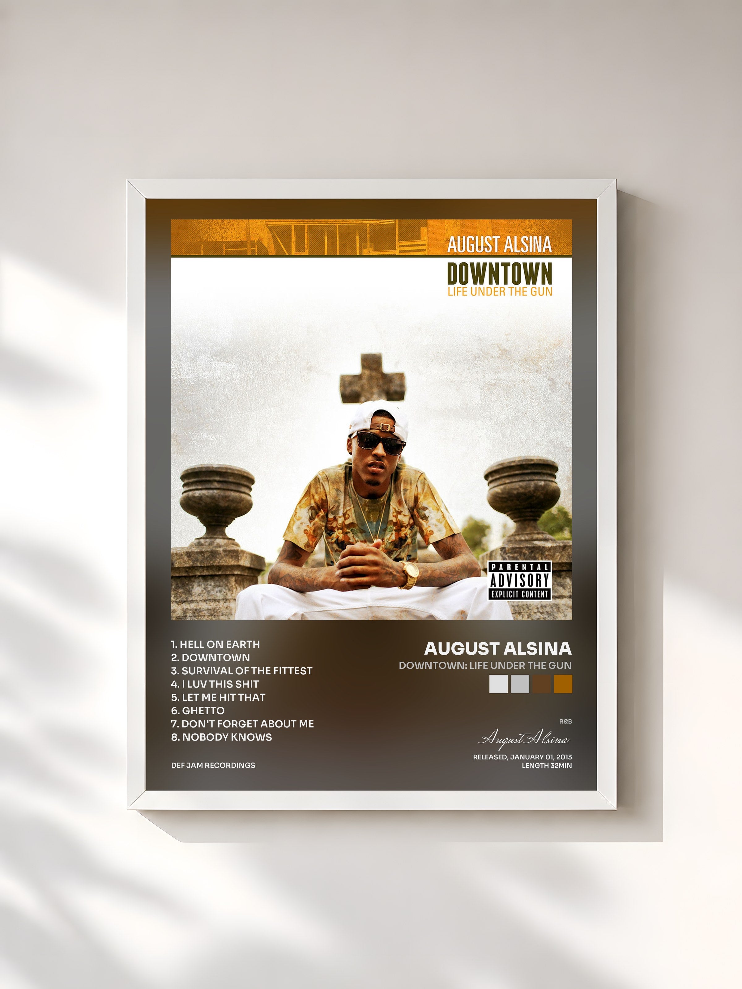 #blanc Tableau de l'album Downtown: Life Under The Gun de August Alsina, cadre blanc, imprimé et encadré en France