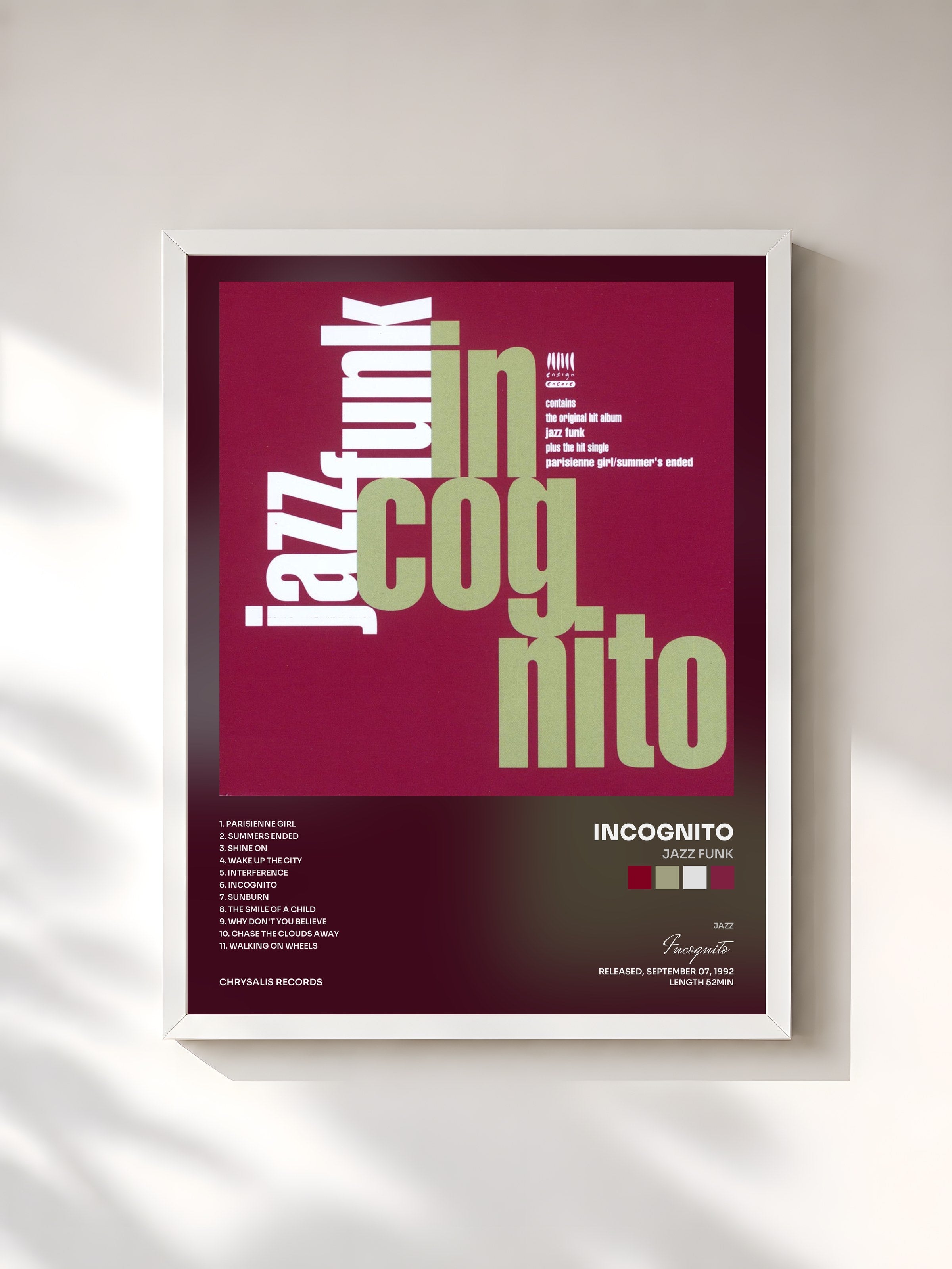 #blanc Tableau de l'album Jazz Funk de Incognito, cadre blanc, imprimé et encadré en France