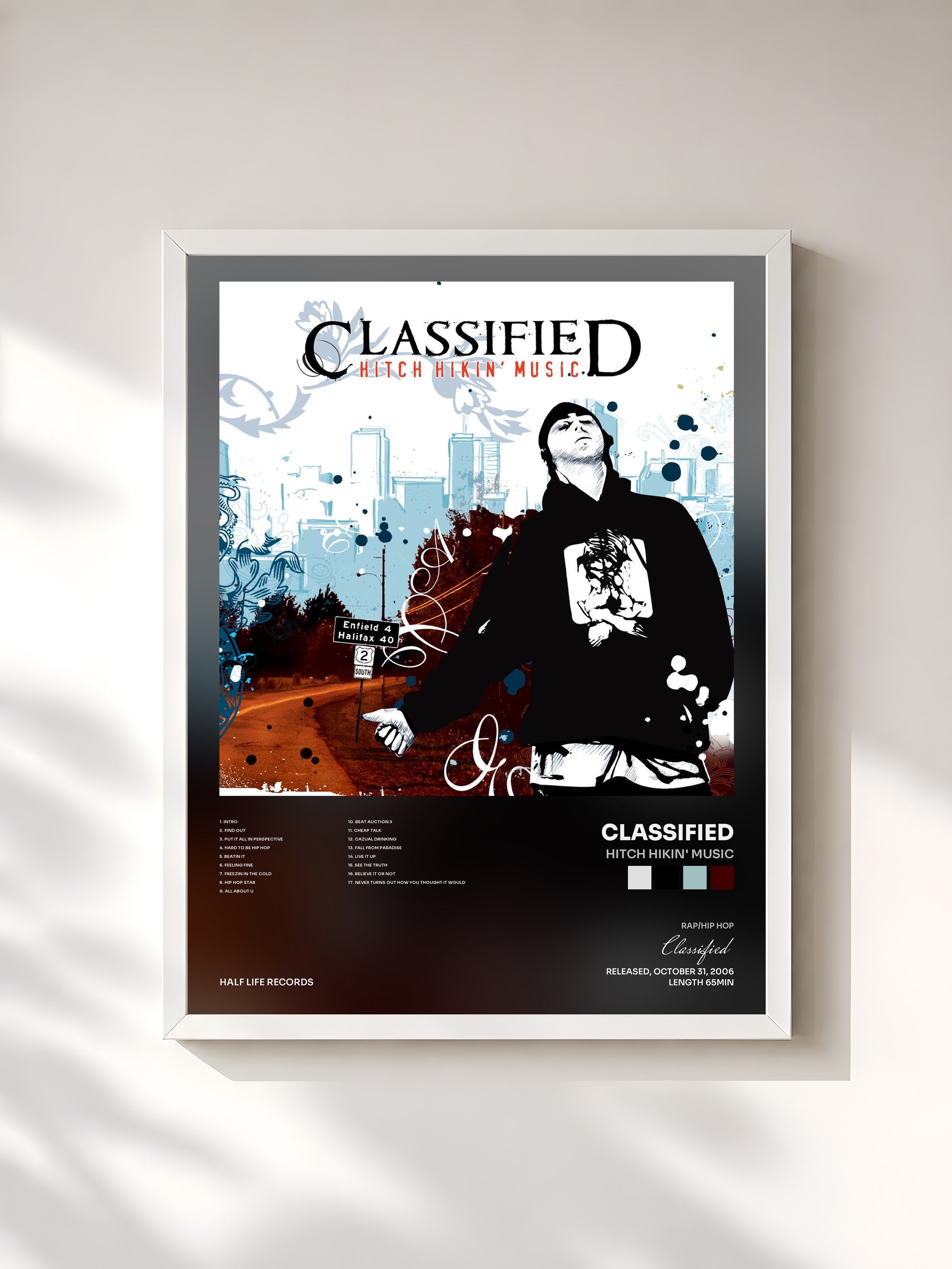 #blanc Tableau de l'album Hitch Hikin' Music de Classified, cadre blanc, imprimé et encadré en France