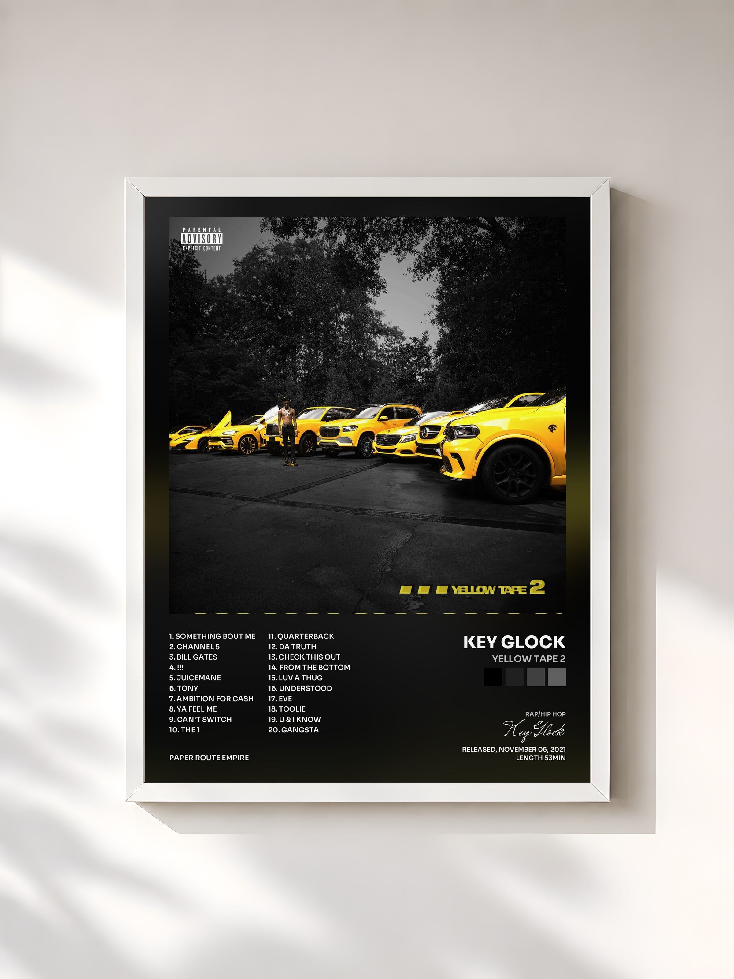 #blanc Tableau de l'album Yellow Tape 2 de Key Glock, cadre blanc, imprimé et encadré en France