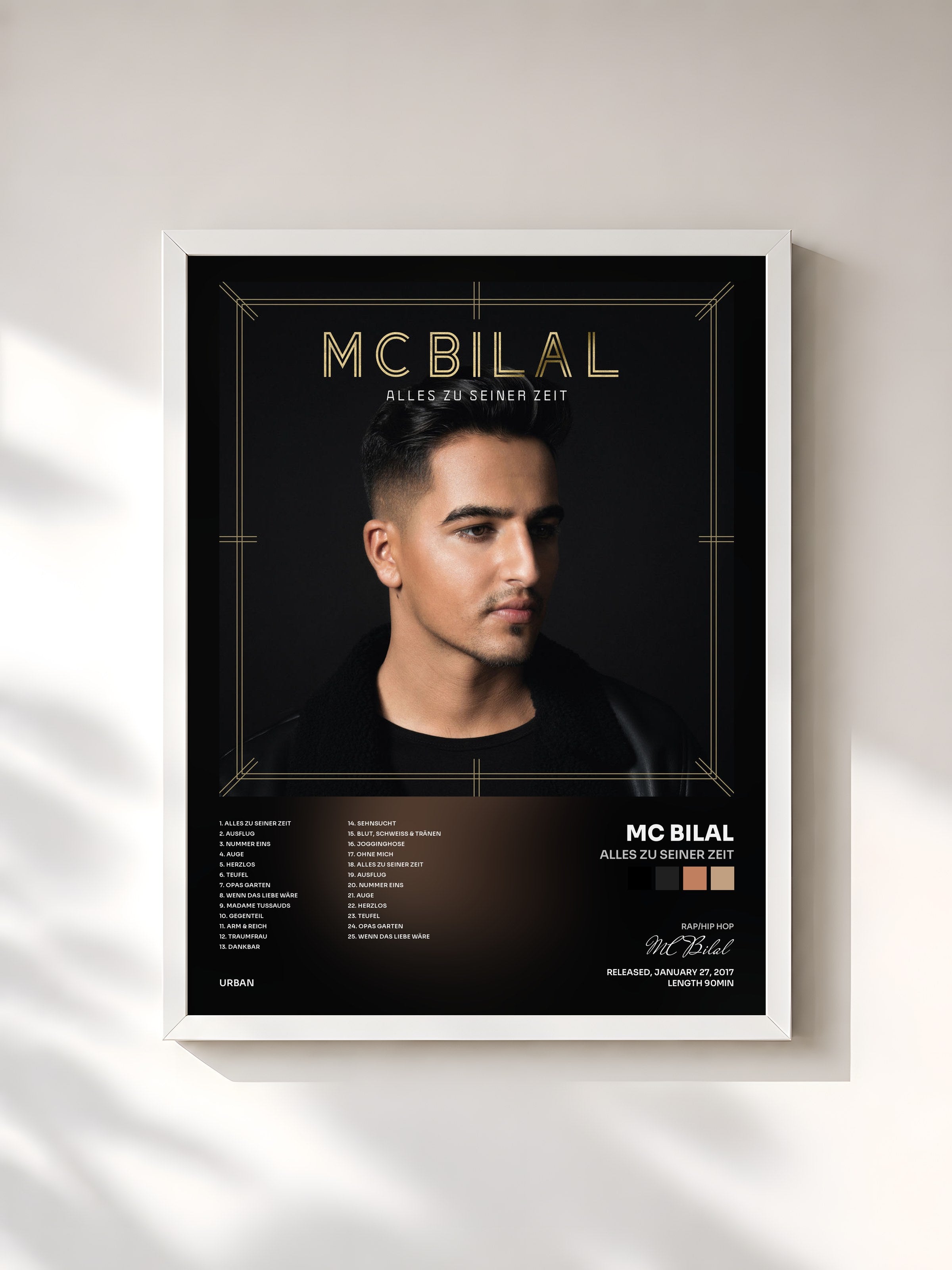 #blanc Tableau de l'album Alles zu seiner Zeit de MC Bilal, cadre blanc, imprimé et encadré en France