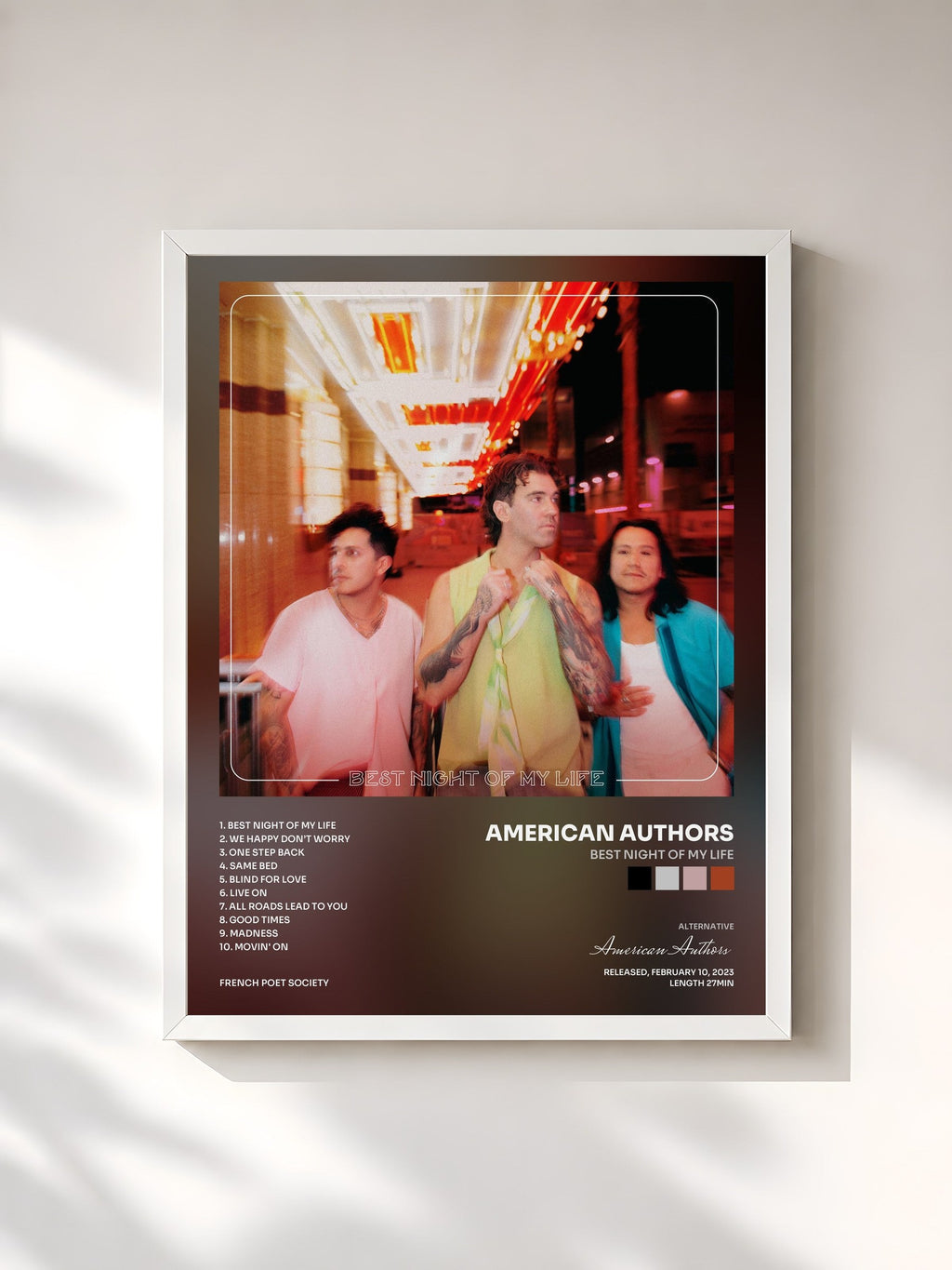 #blanc Best Night of My Life by American Authors as a framed art print, white frame, printed and framed in France
