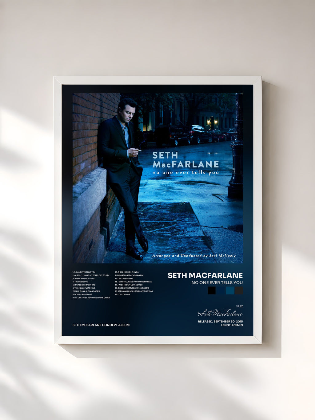 #blanc Tableau de l'album No One Ever Tells You de Seth MacFarlane, cadre blanc, imprimé et encadré en France