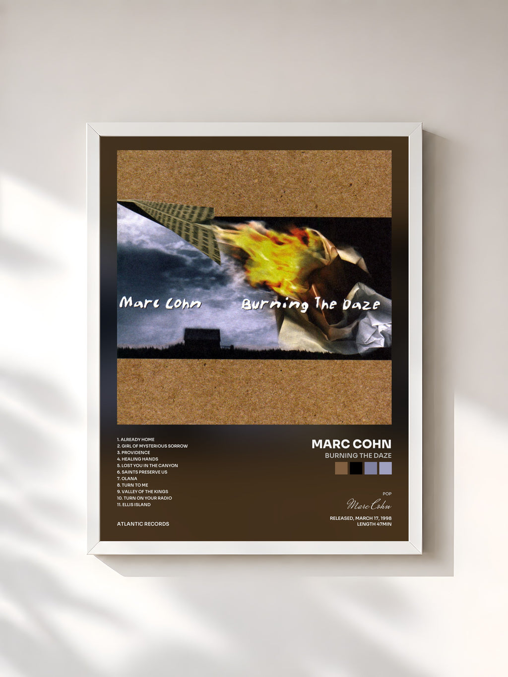 #blanc Tableau de l'album Burning the Daze de Marc Cohn, cadre blanc, imprimé et encadré en France