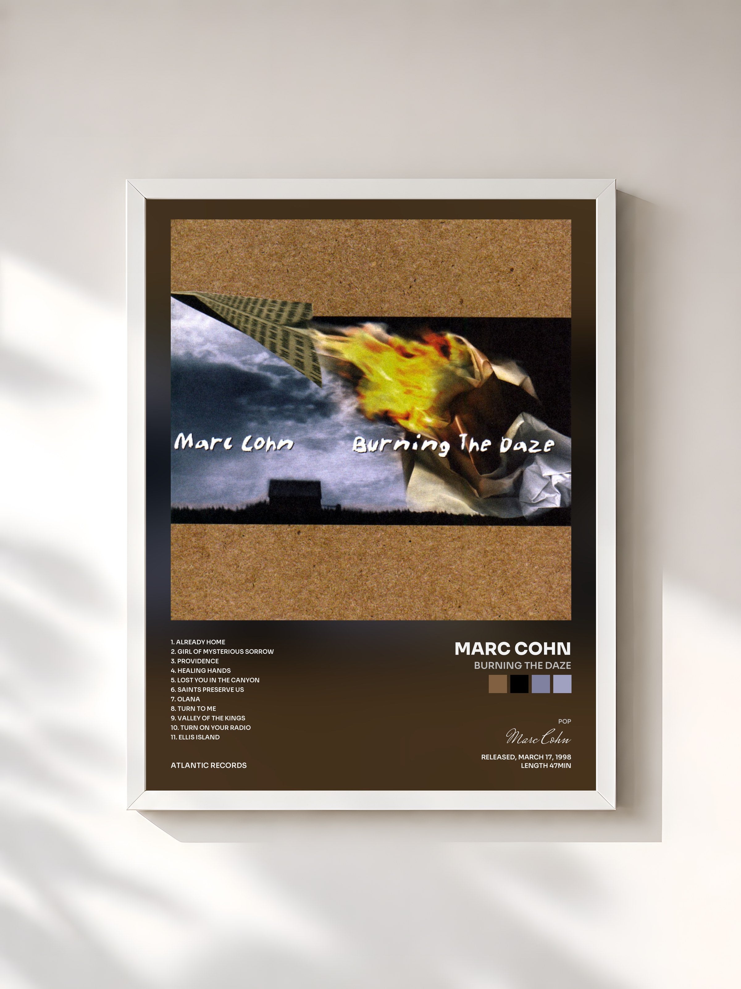 #blanc Tableau de l'album Burning the Daze de Marc Cohn, cadre blanc, imprimé et encadré en France
