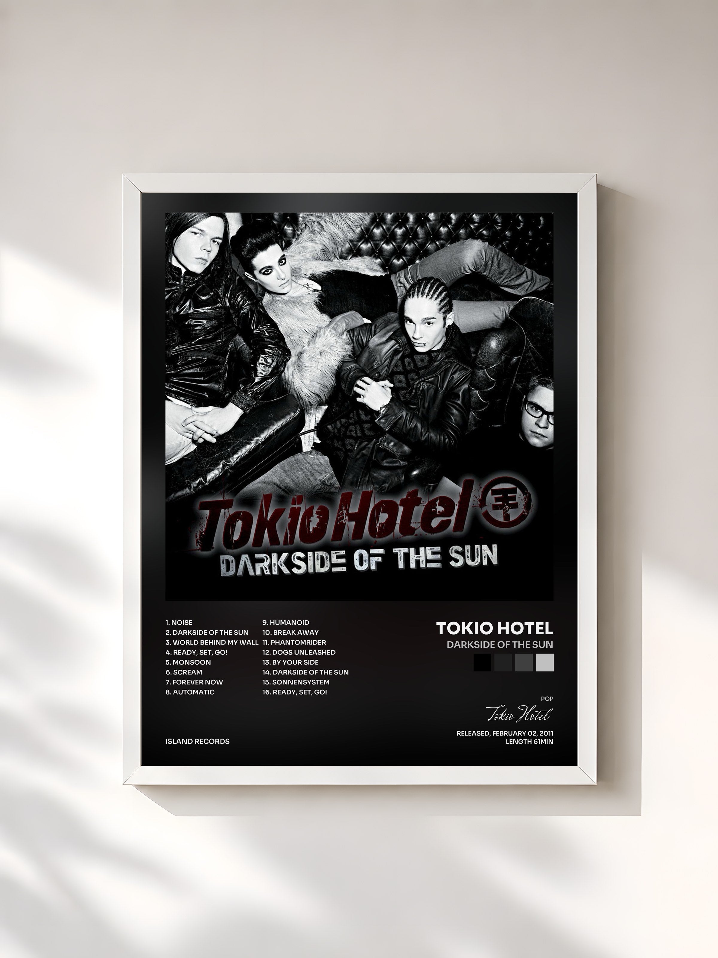 #blanc Tableau de l'album Darkside Of The Sun de Tokio Hotel, cadre blanc, imprimé et encadré en France