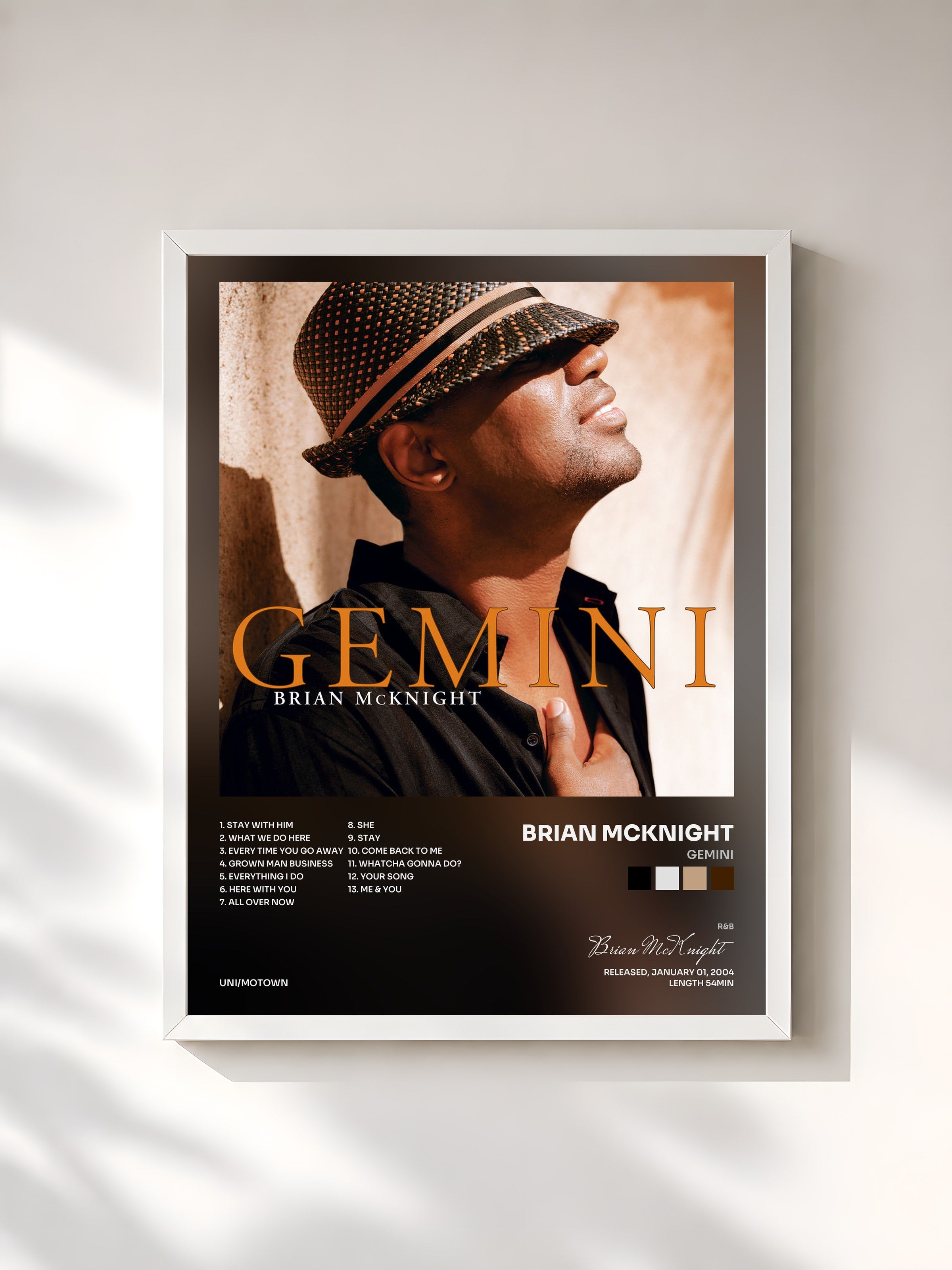#blanc Tableau de l'album Gemini de Brian McKnight, cadre blanc, imprimé et encadré en France