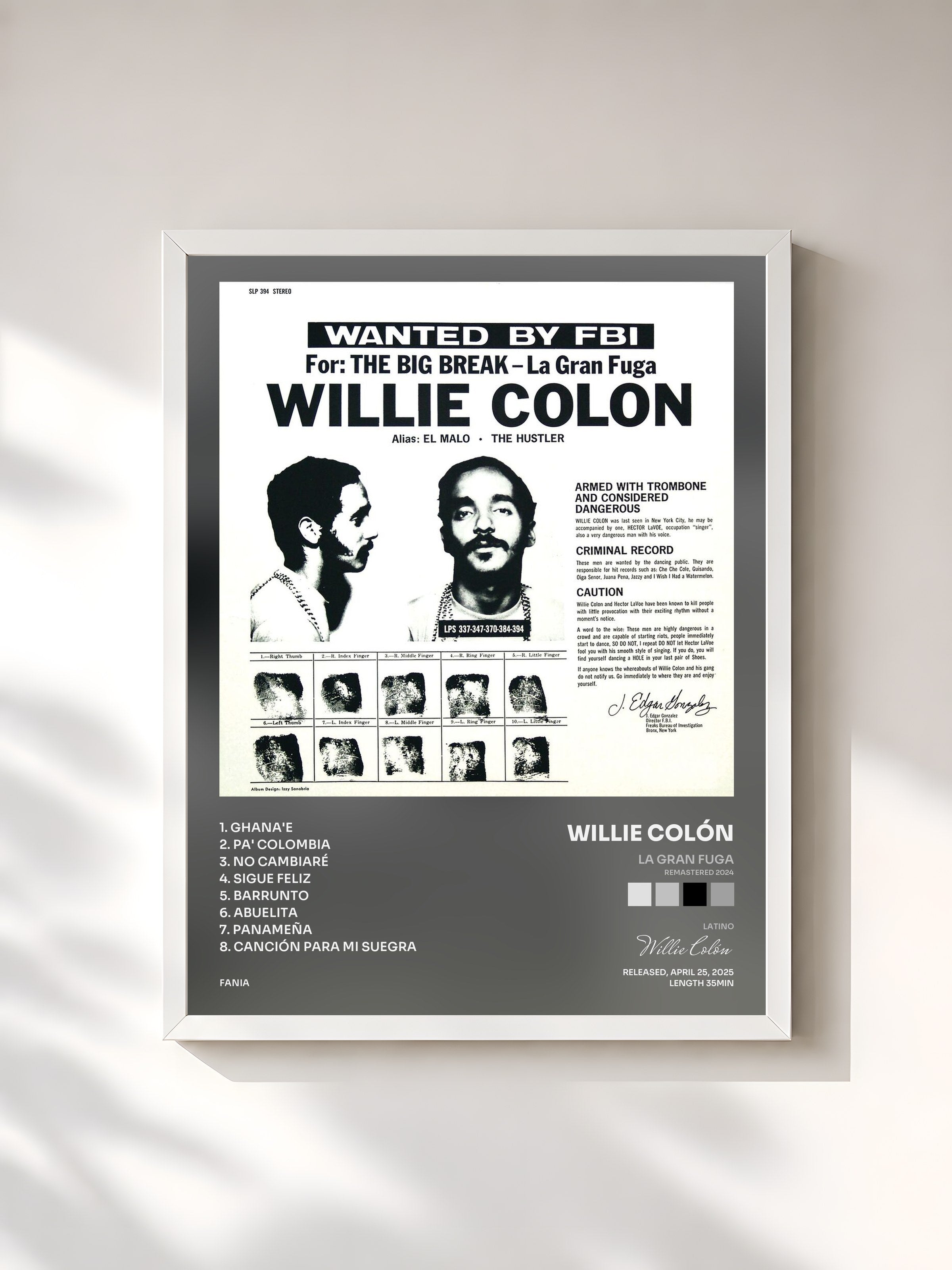 #blanc Tableau de l'album La Gran Fuga (Remastered 2024) de Willie Colón, cadre blanc, imprimé et encadré en France