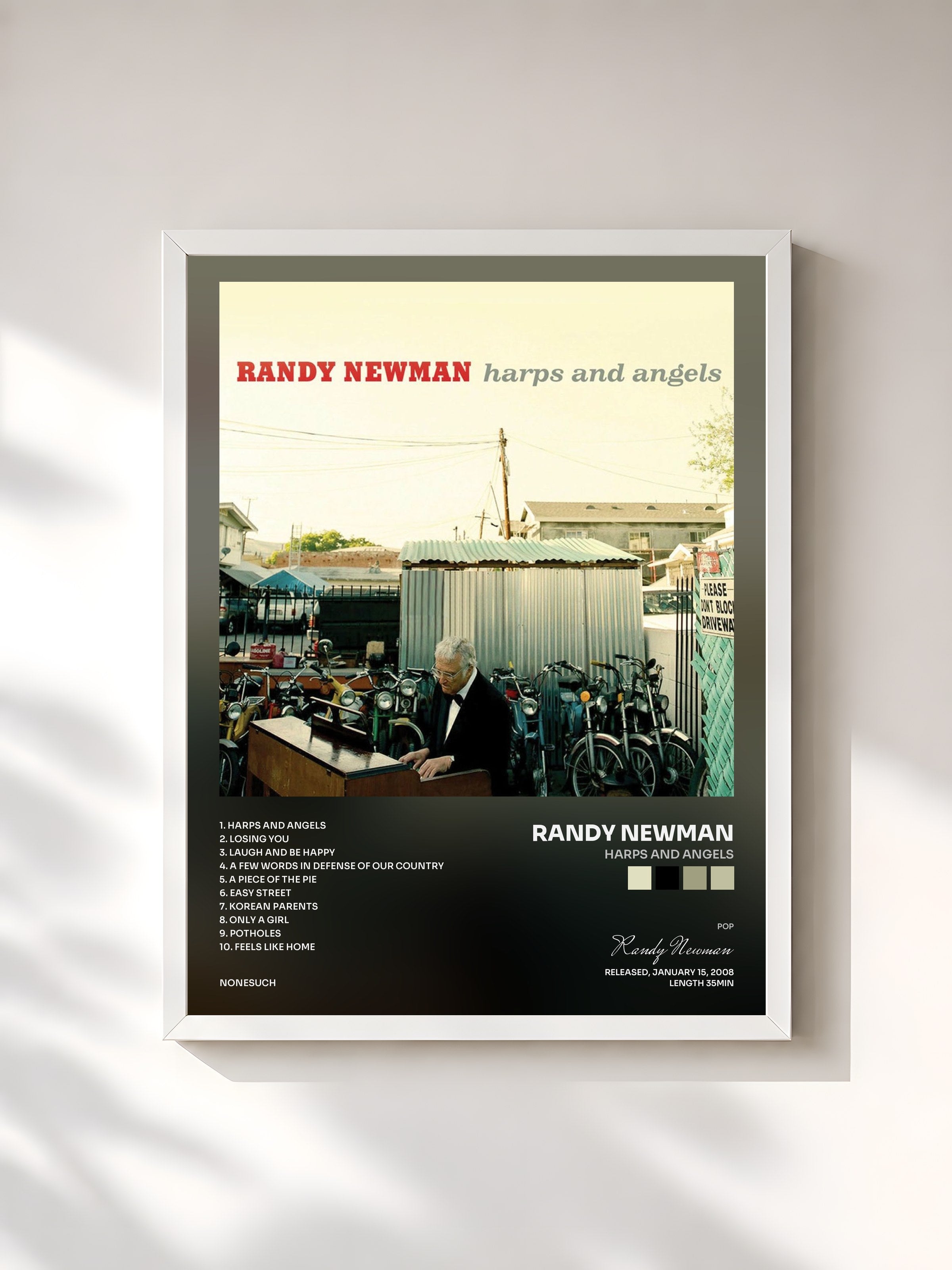 #blanc Tableau de l'album Harps and Angels de Randy Newman, cadre blanc, imprimé et encadré en France