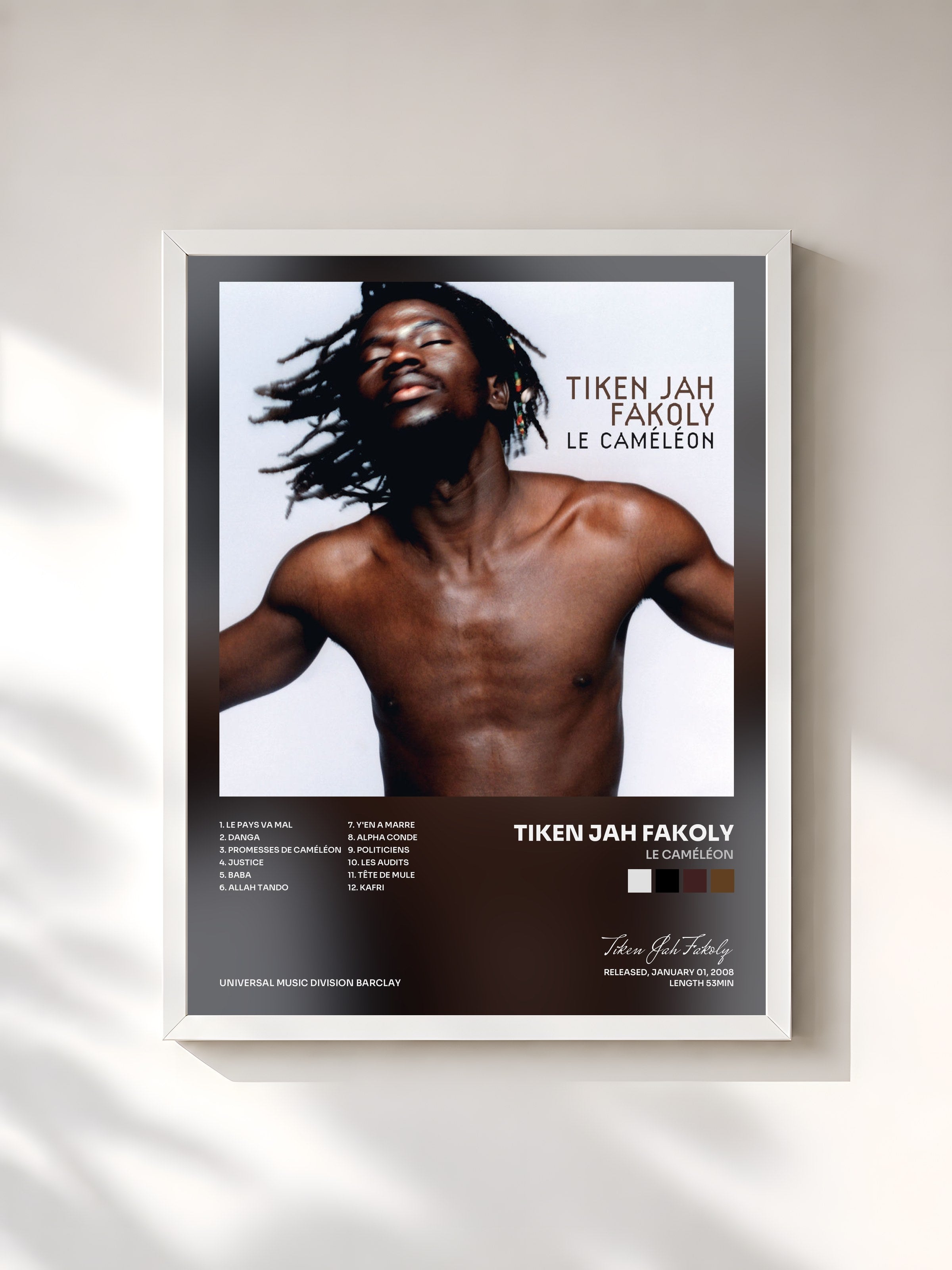 #blanc Tableau de l'album Le Caméléon de Tiken Jah Fakoly, cadre blanc, imprimé et encadré en France