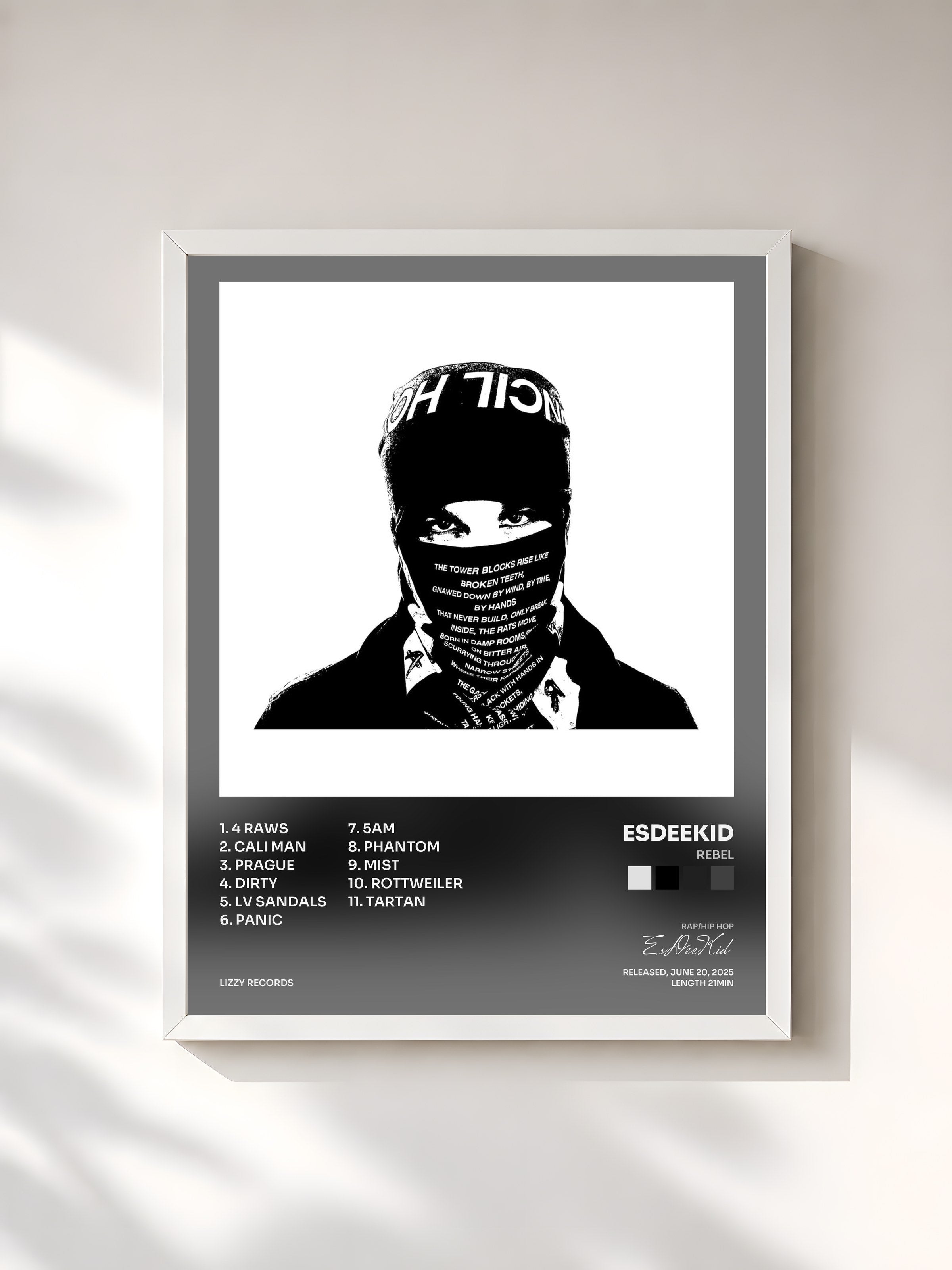 #blanc Tableau de l'album Rebel de EsDeeKid, cadre blanc, imprimé et encadré en France