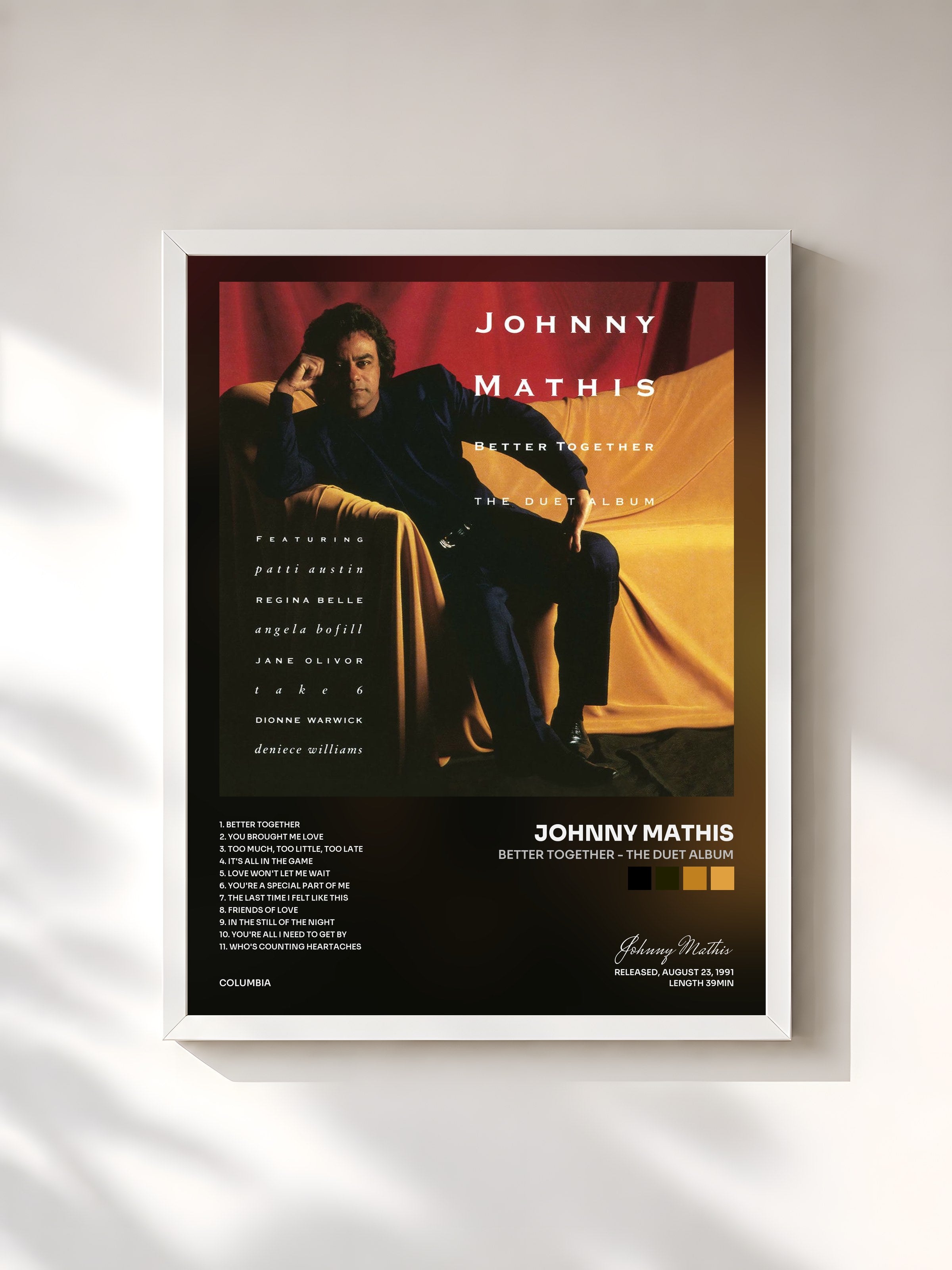 #blanc Tableau de l'album Better Together - The Duet Album de Johnny Mathis, cadre blanc, imprimé et encadré en France