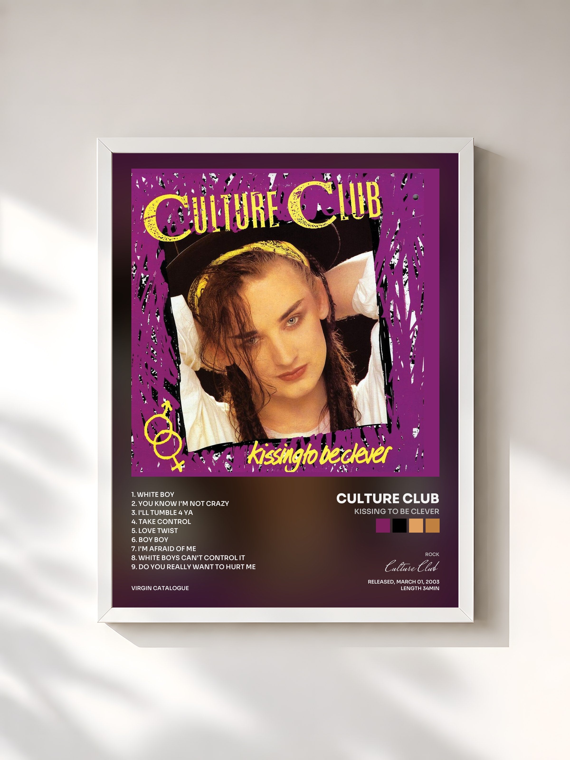 #blanc Tableau de l'album Kissing To Be Clever de Culture Club, cadre blanc, imprimé et encadré en France