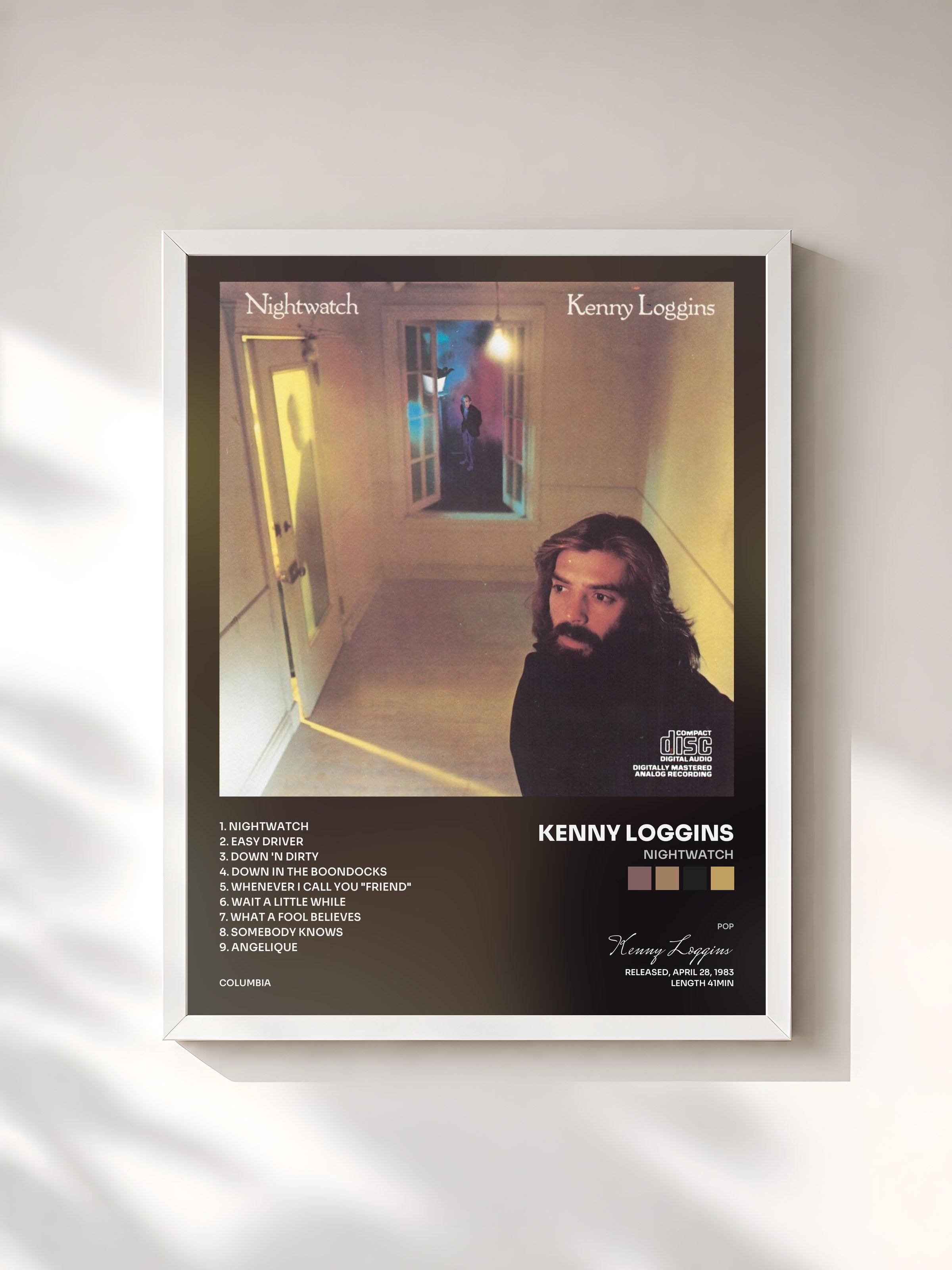#blanc Tableau de l'album Nightwatch de Kenny Loggins, cadre blanc, imprimé et encadré en France