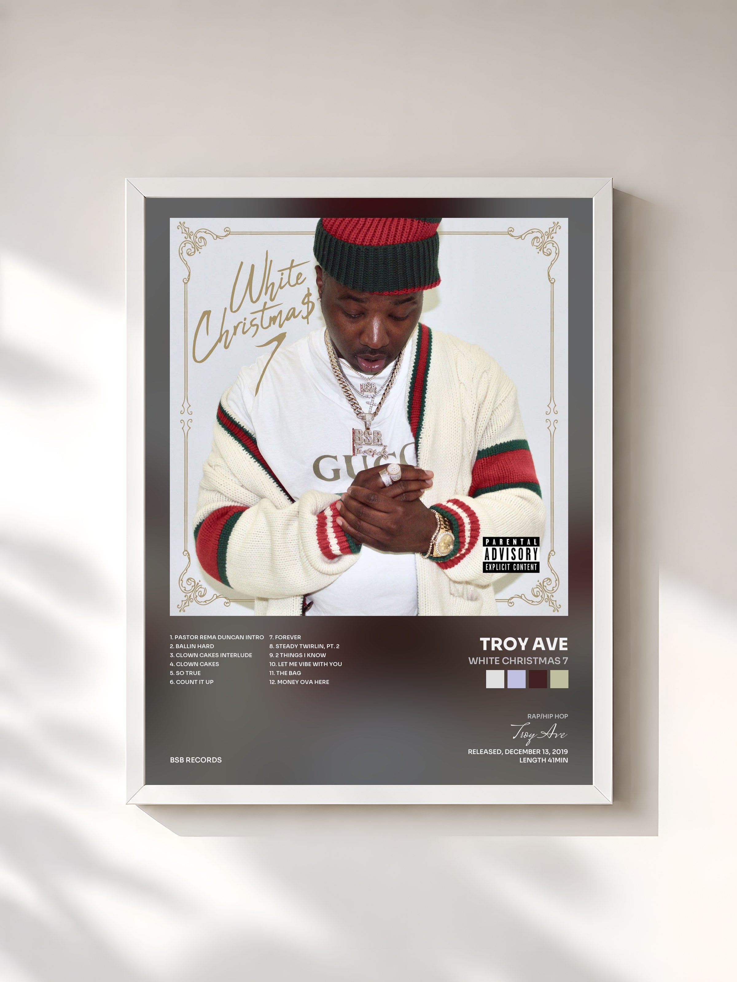 #blanc Tableau de l'album White Christmas 7 de Troy Ave, cadre blanc, imprimé et encadré en France