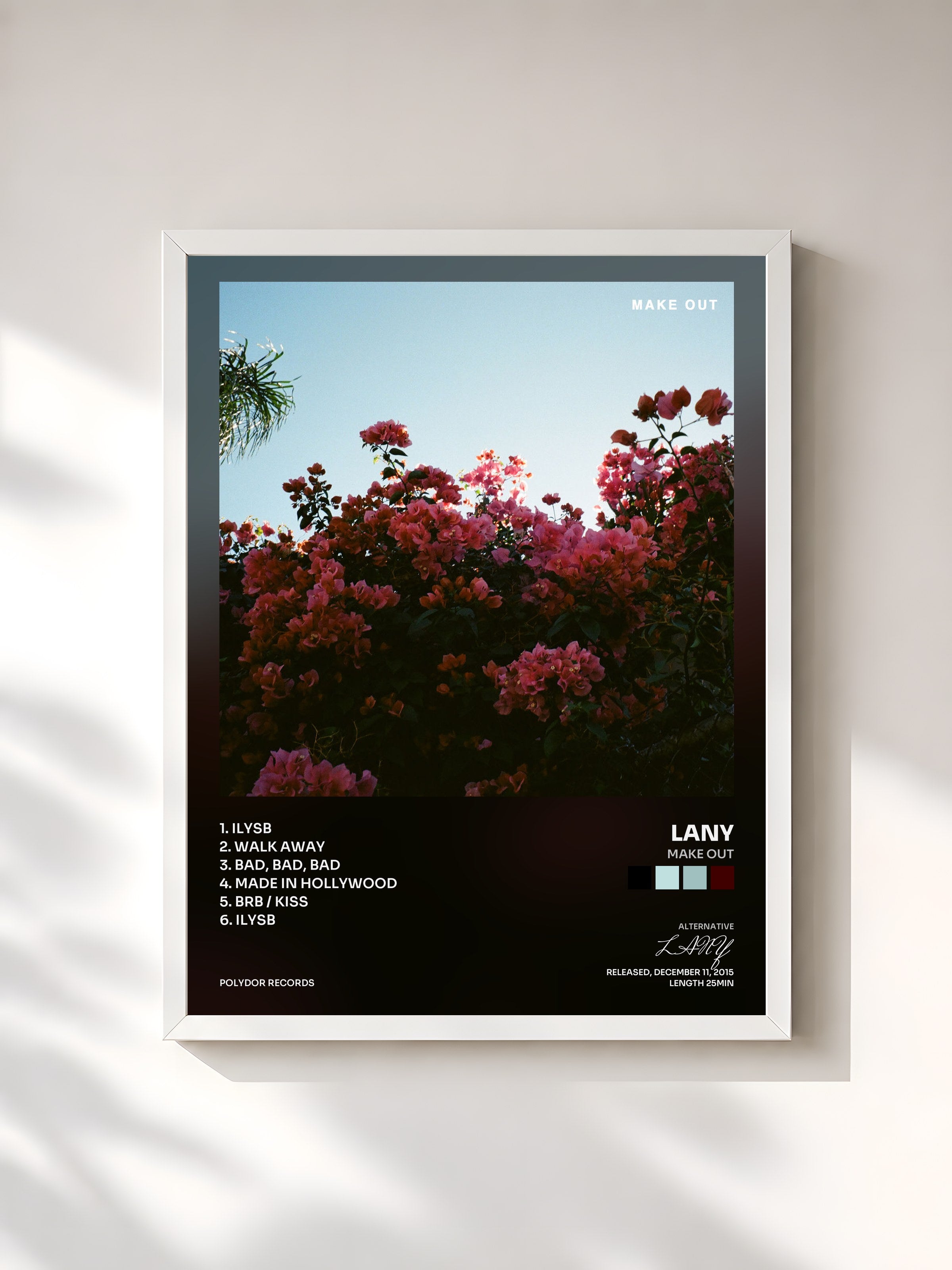 #blanc Tableau de l'album Make Out de LANY, cadre blanc, imprimé et encadré en France