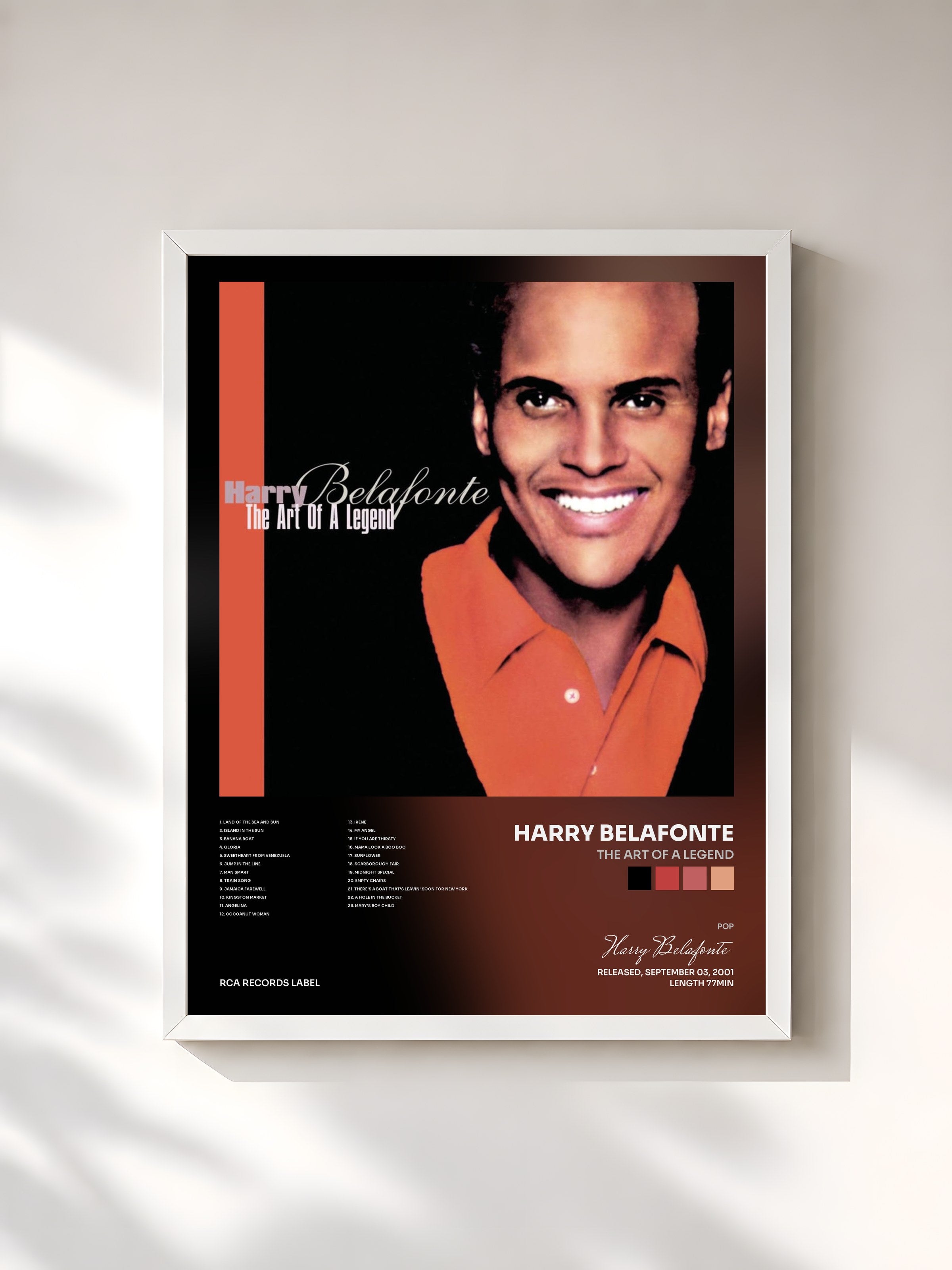 #blanc Tableau de l'album The Art Of A Legend de Harry Belafonte, cadre blanc, imprimé et encadré en France