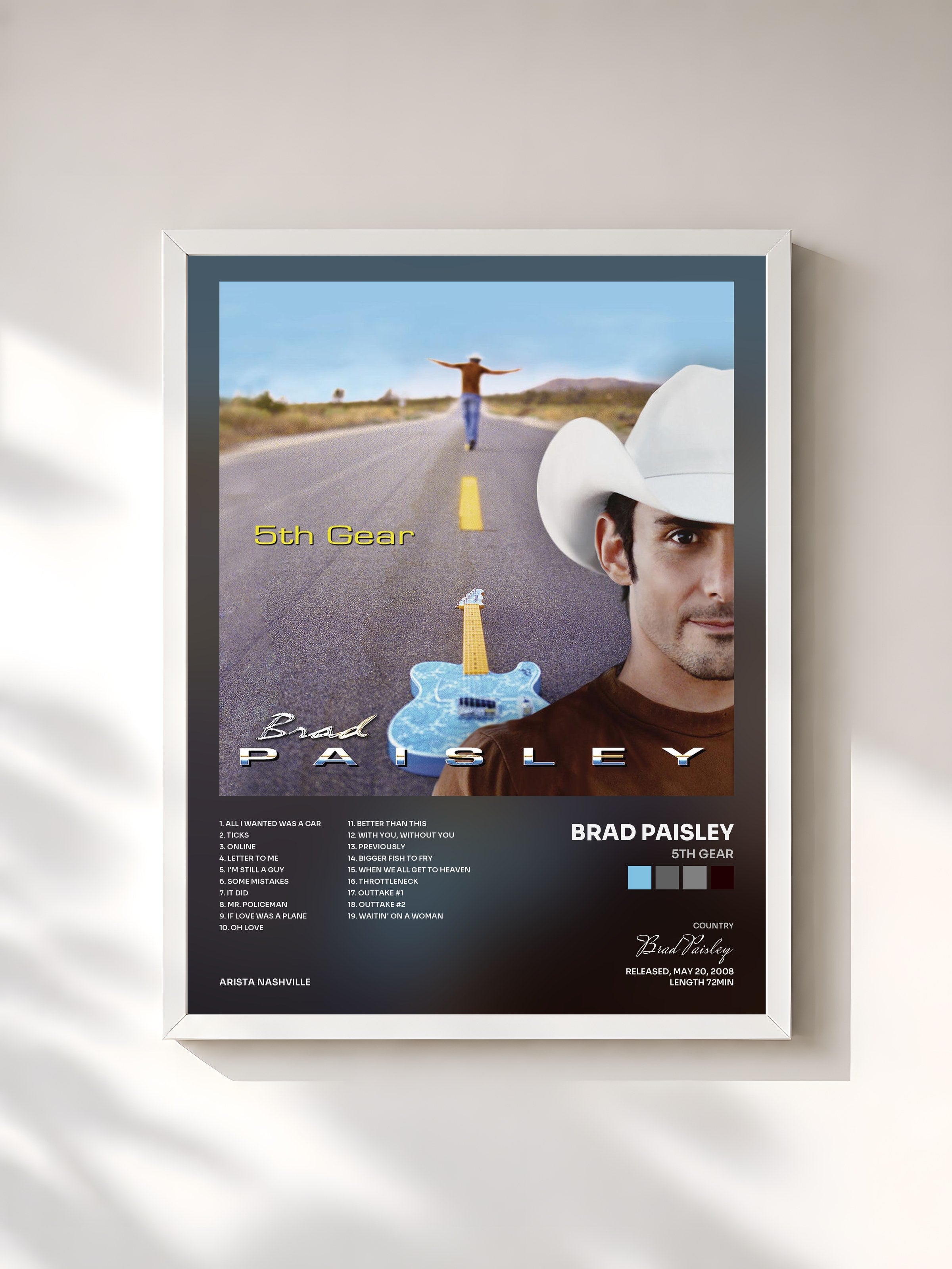 #blanc Tableau de l'album 5th Gear de Brad Paisley, cadre blanc, imprimé et encadré en France