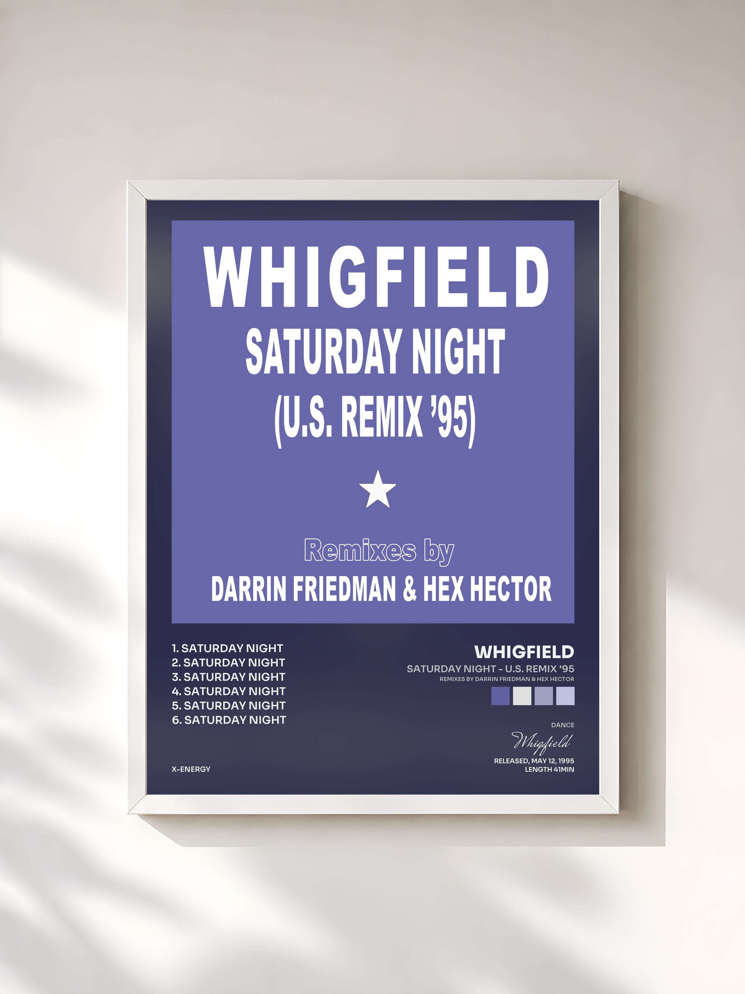 #blanc Tableau de l'album Saturday Night - U.S. Remix '95 (Remixes by Darrin Friedman & Hex Hector) de Whigfield, cadre blanc, imprimé et encadré en France