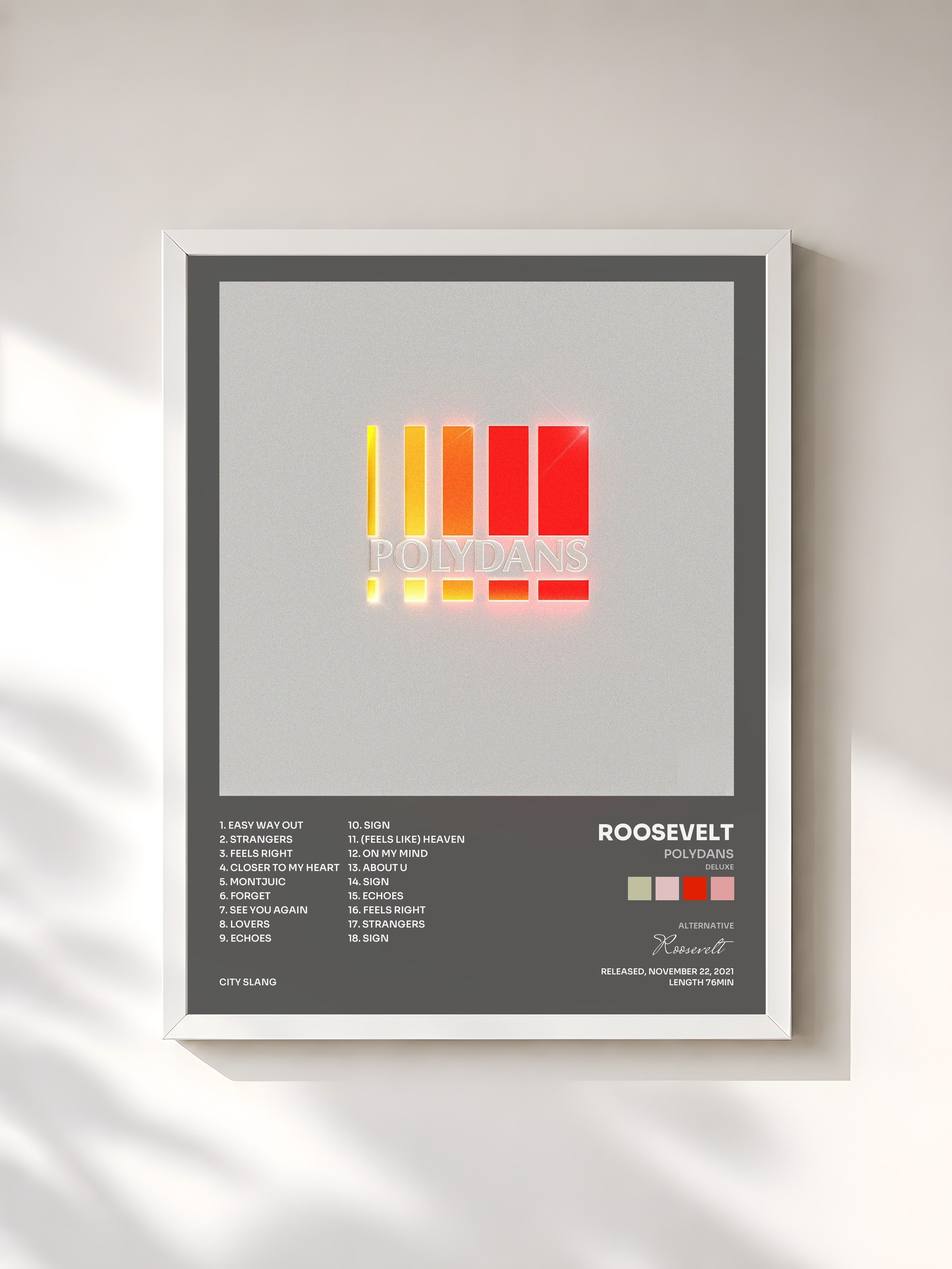#blanc Tableau de l'album Polydans (Deluxe) de Roosevelt, cadre blanc, imprimé et encadré en France