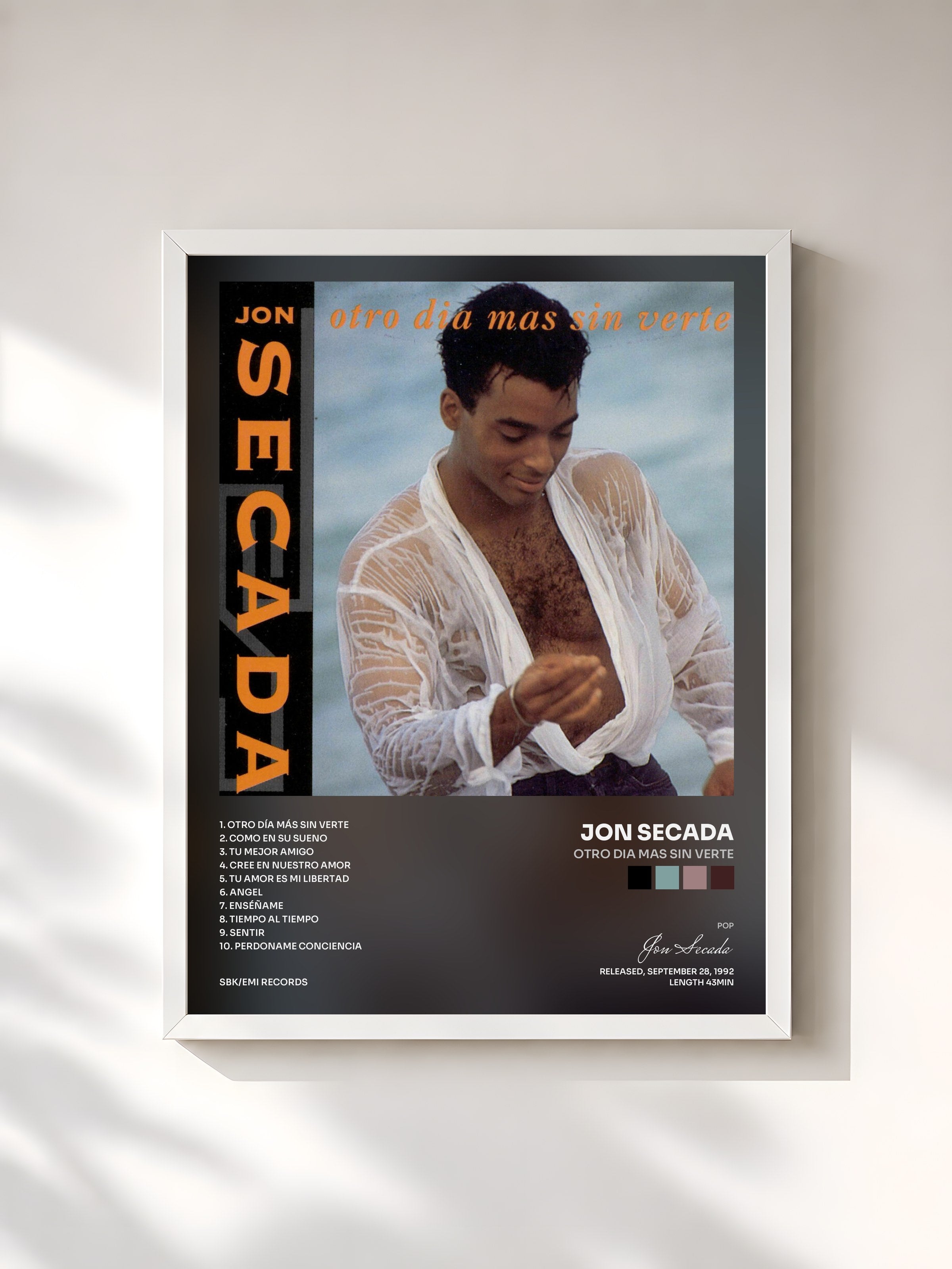 #blanc Tableau de l'album Otro Dia Mas Sin Verte de Jon Secada, cadre blanc, imprimé et encadré en France