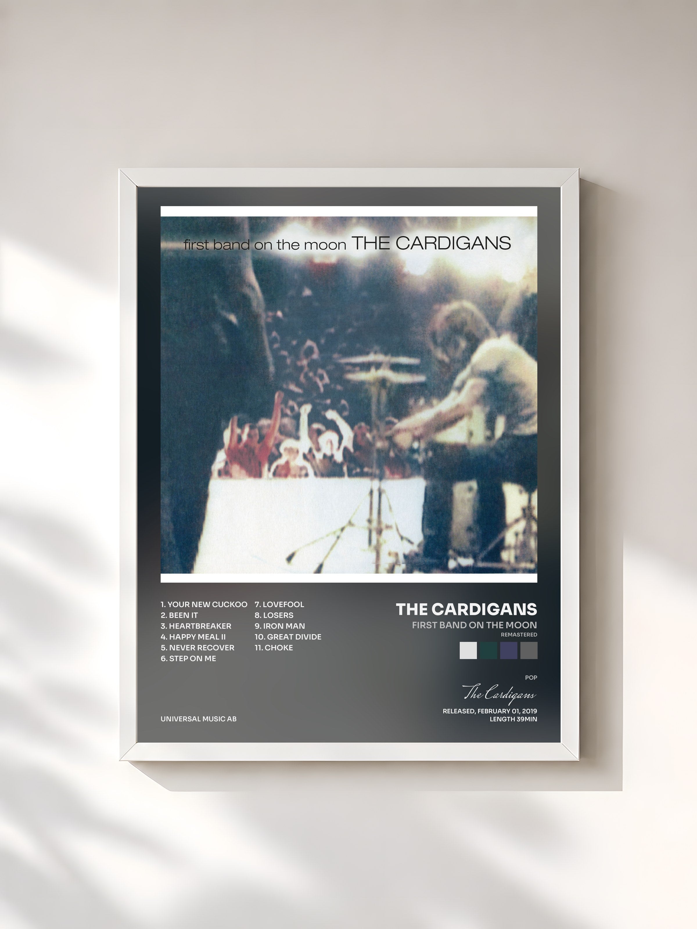 #blanc Tableau de l'album First Band On The Moon (Remastered) de The Cardigans, cadre blanc, imprimé et encadré en France