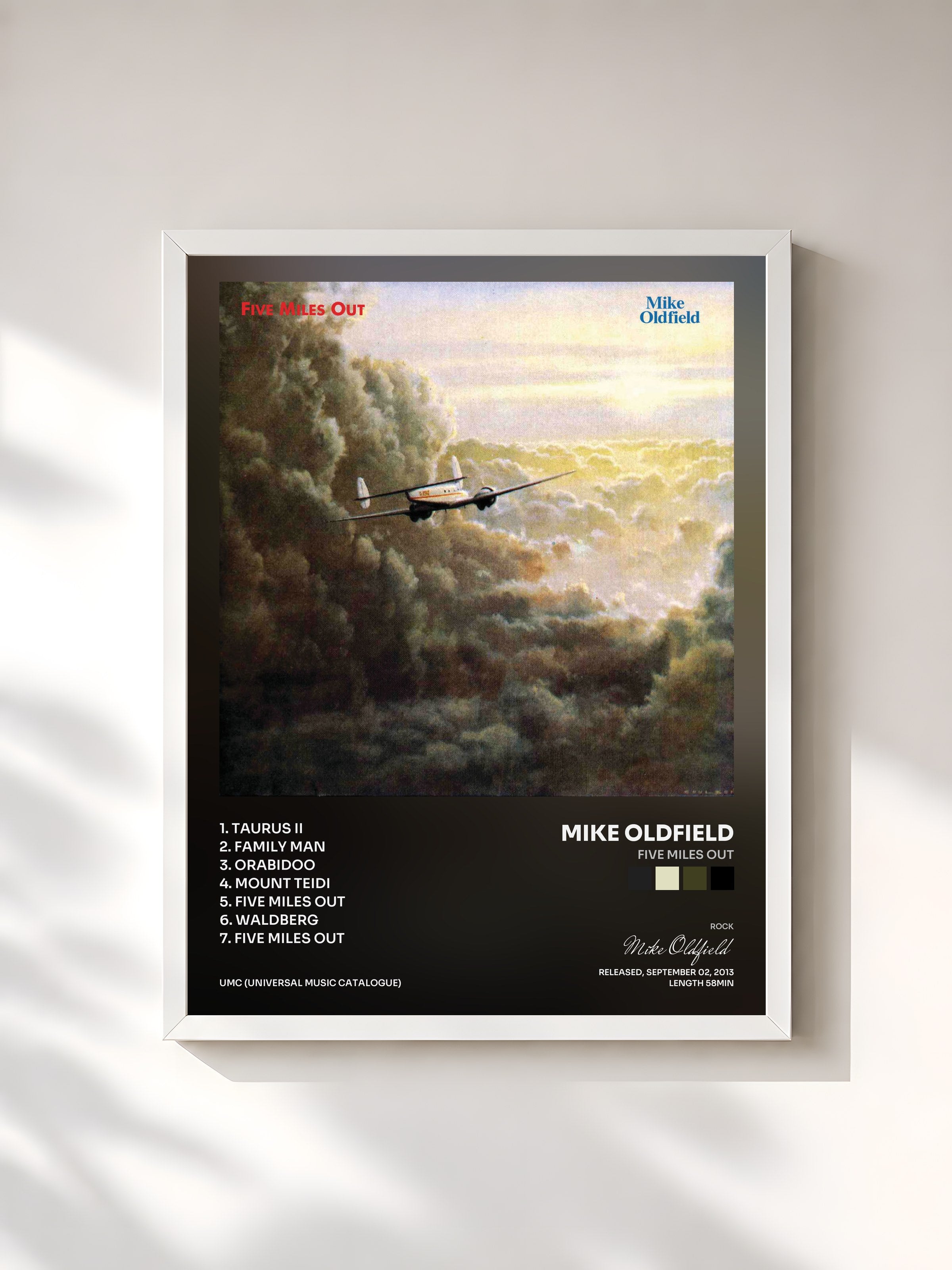 #blanc Tableau de l'album Five Miles Out de Mike Oldfield, cadre blanc, imprimé et encadré en France