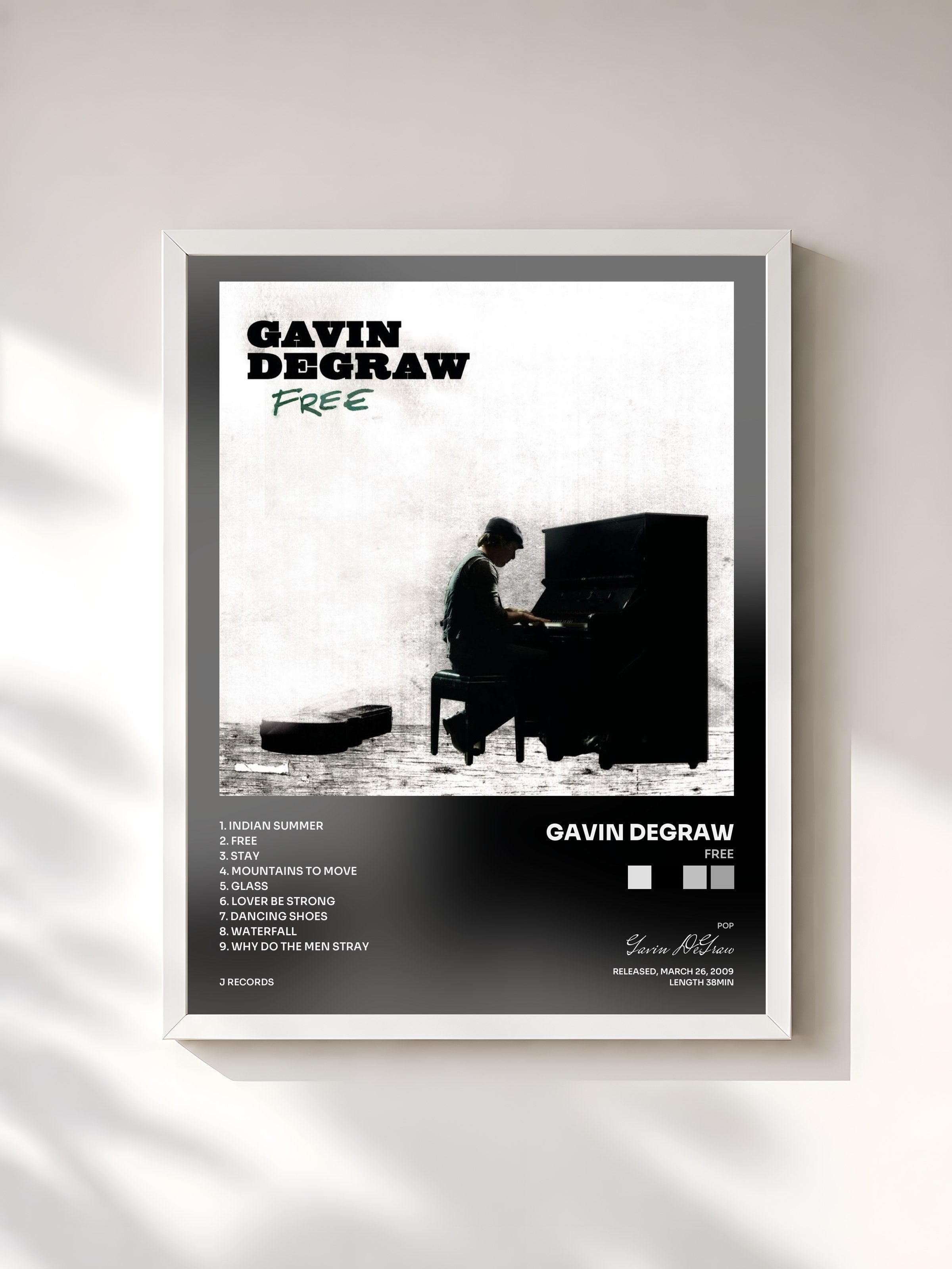 #blanc Tableau de l'album FREE de Gavin DeGraw, cadre blanc, imprimé et encadré en France