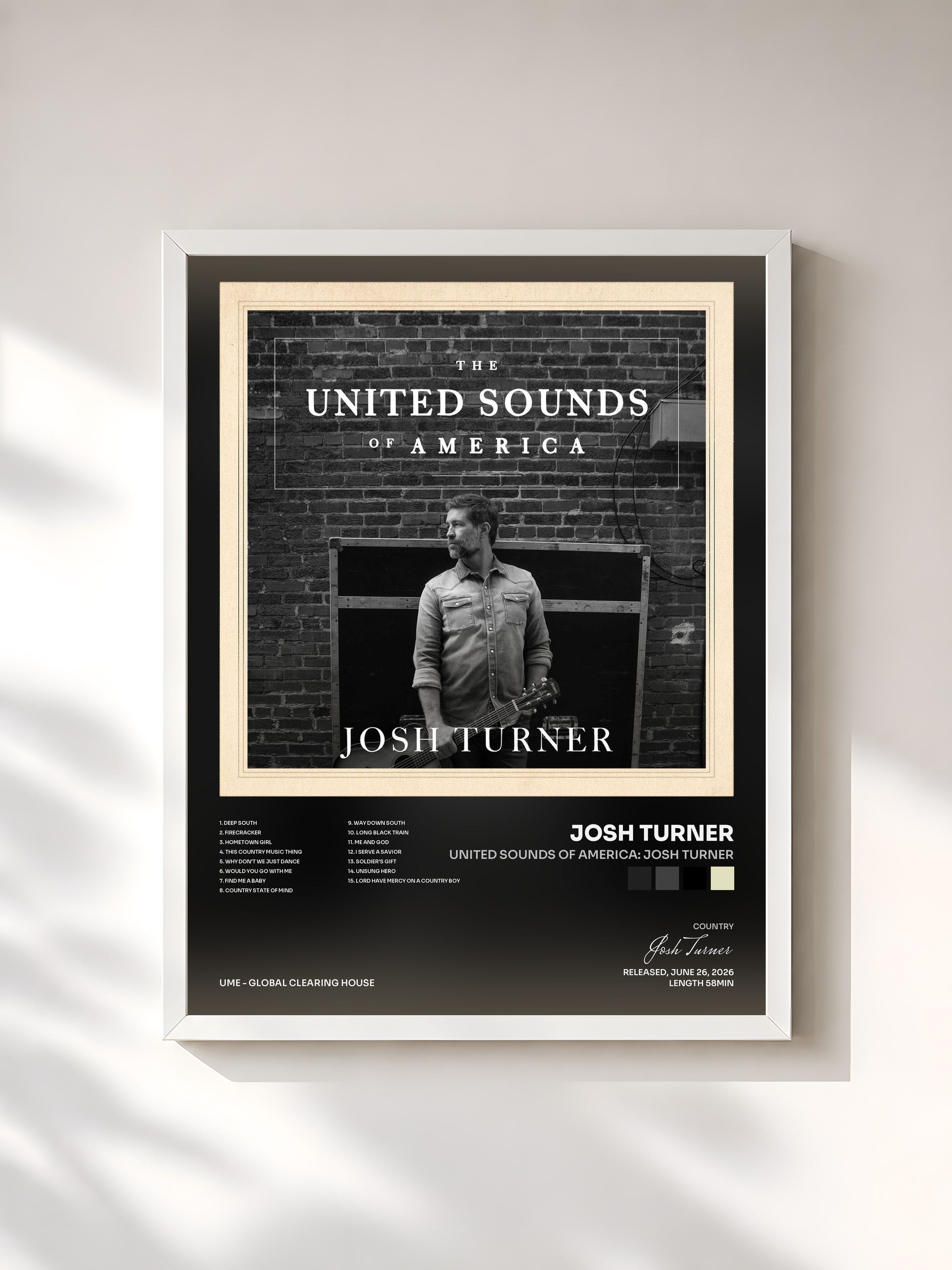 #blanc Tableau de l'album United Sounds of America: Josh Turner de Josh Turner, cadre blanc, imprimé et encadré en France